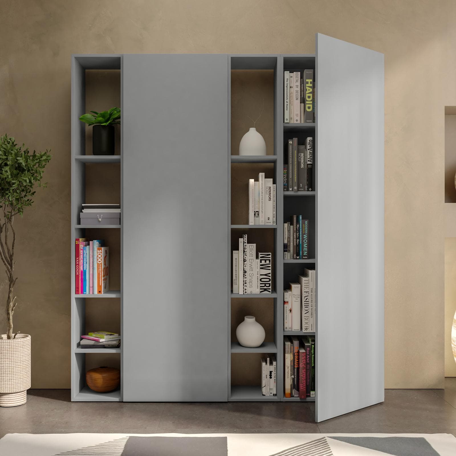 Libreria 163x185h cm 4 elementi ardesia con vani a giorno e 2 ante - Clary