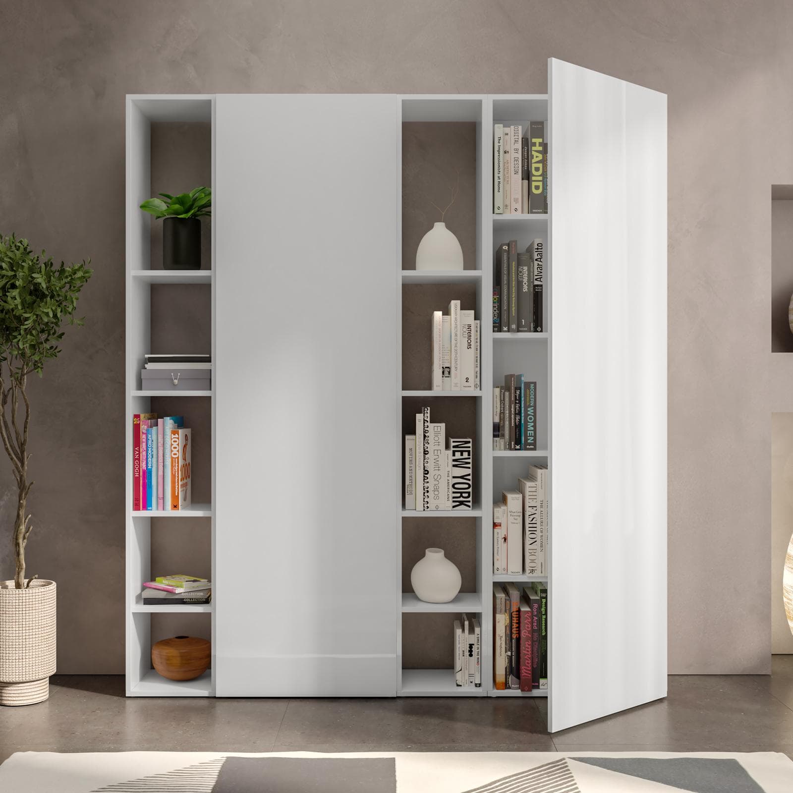 Libreria 163x185h cm 4 elementi bianco lucido con vani a giorno e 2 ante - Clary