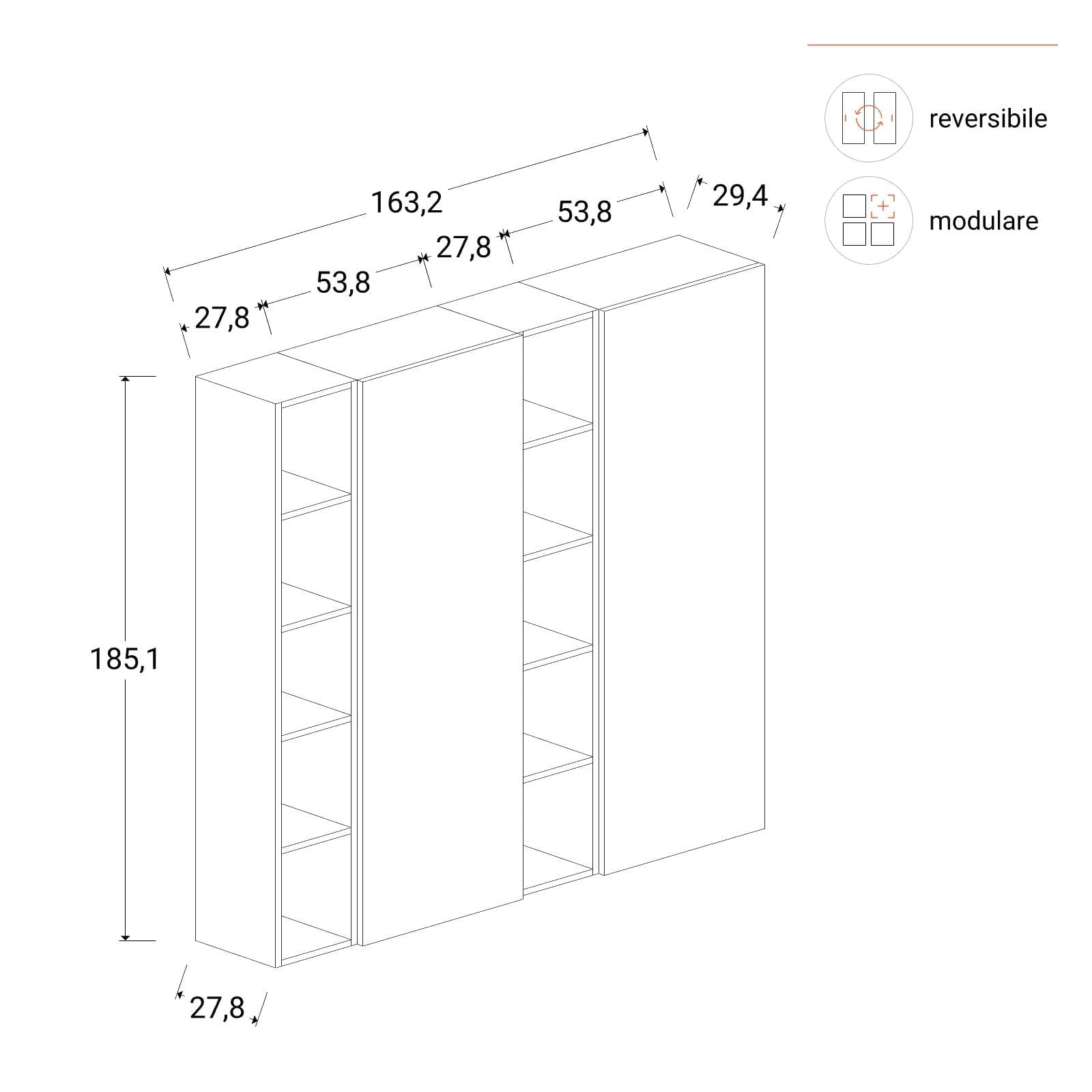 Libreria 163x185h cm 4 elementi bianco lucido con vani a giorno e 2 ante - Clary