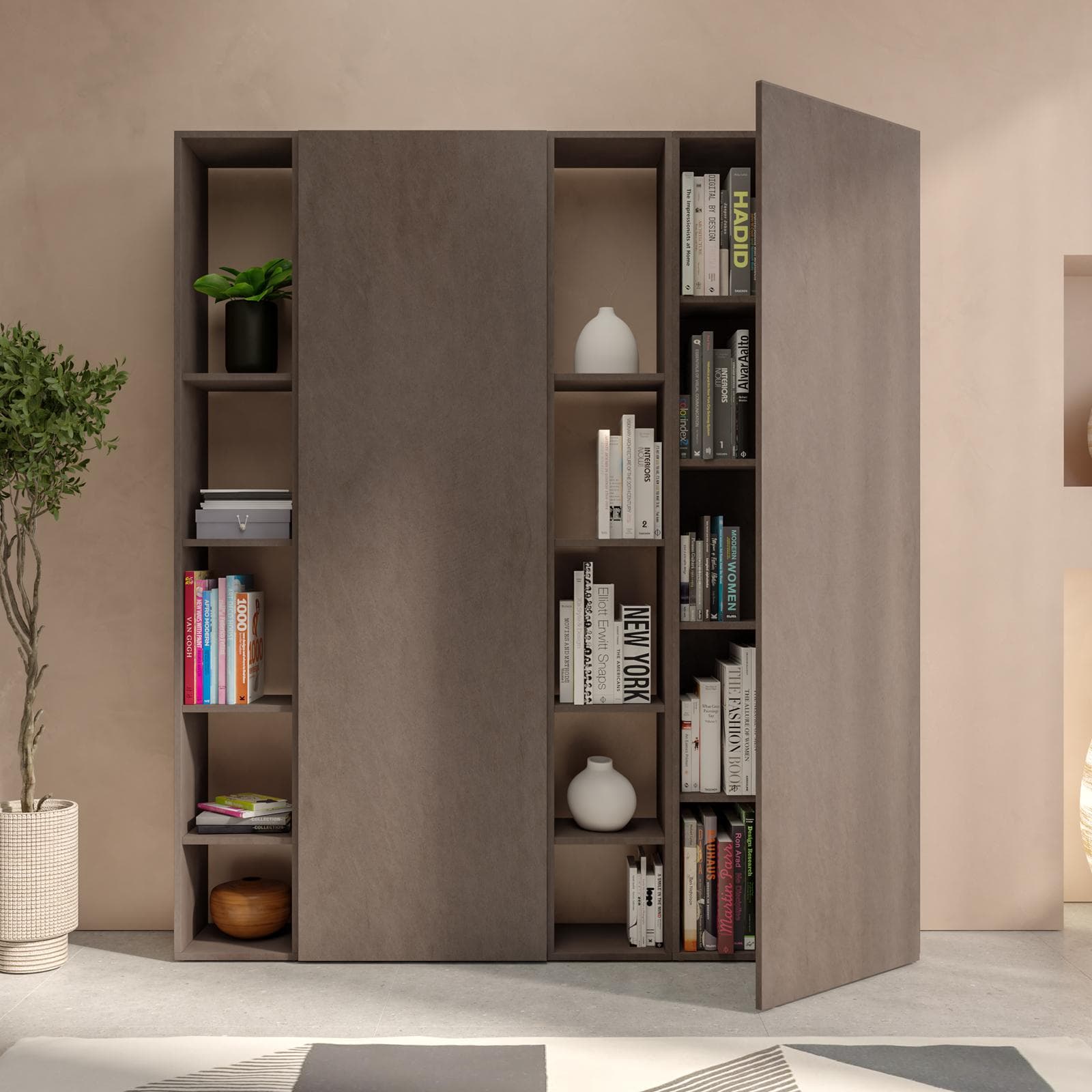 Libreria 163x185h cm 4 elementi bronzo con vani a giorno e 2 ante - Clary
