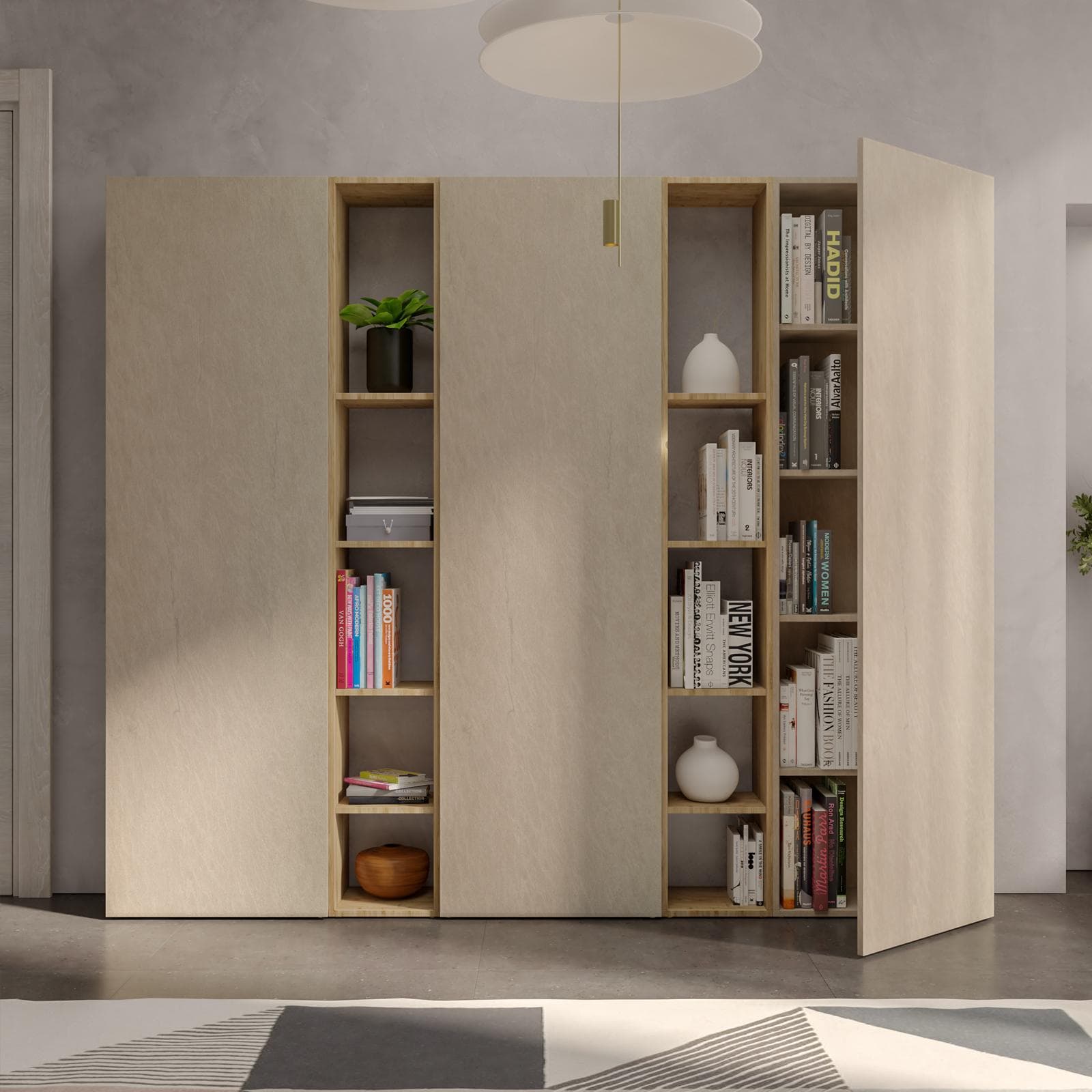 Libreria 217x185h cm 5 elementi con vani a giorno cadiz e 3 ante argilla - Clary