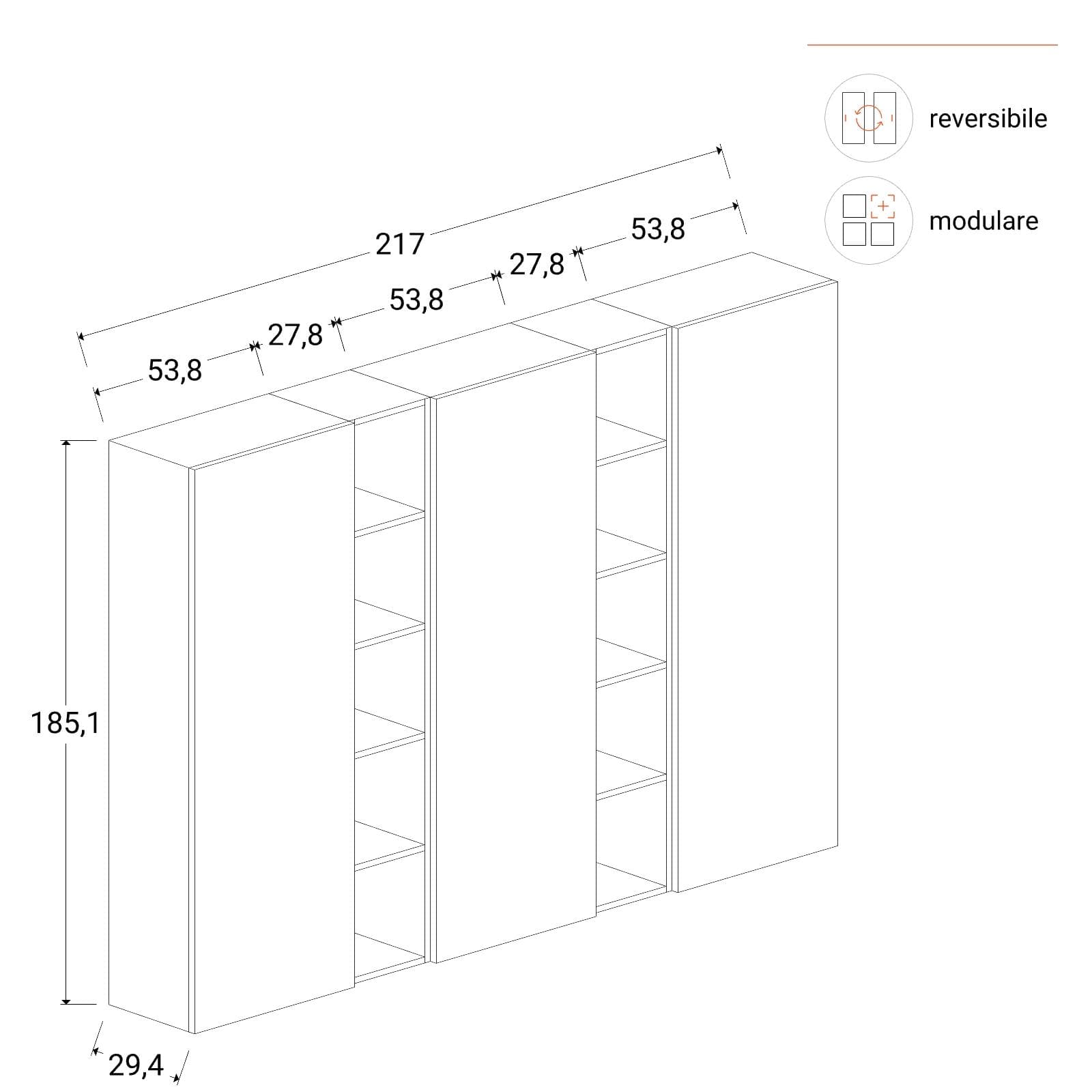 Libreria 217x185h cm 5 elementi con vani a giorno cadiz e 3 ante argilla - Clary