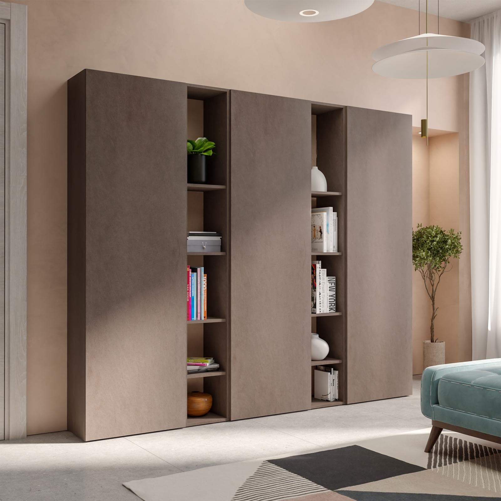Libreria 217x185h cm 5 elementi bronzo con vani a giorno e 3 ante - Clary