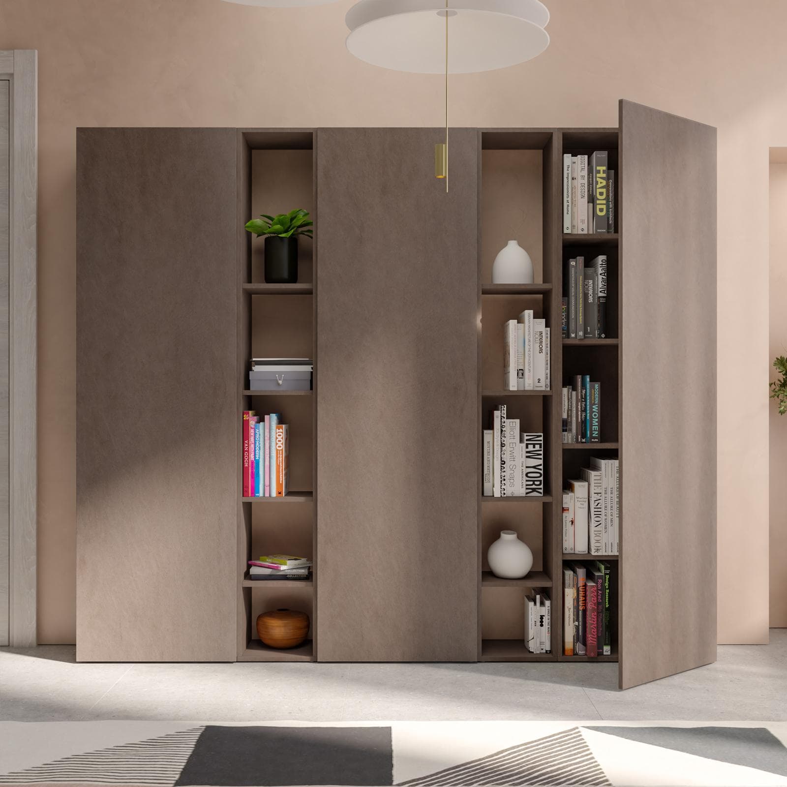 Libreria 217x185h cm 5 elementi bronzo con vani a giorno e 3 ante - Clary