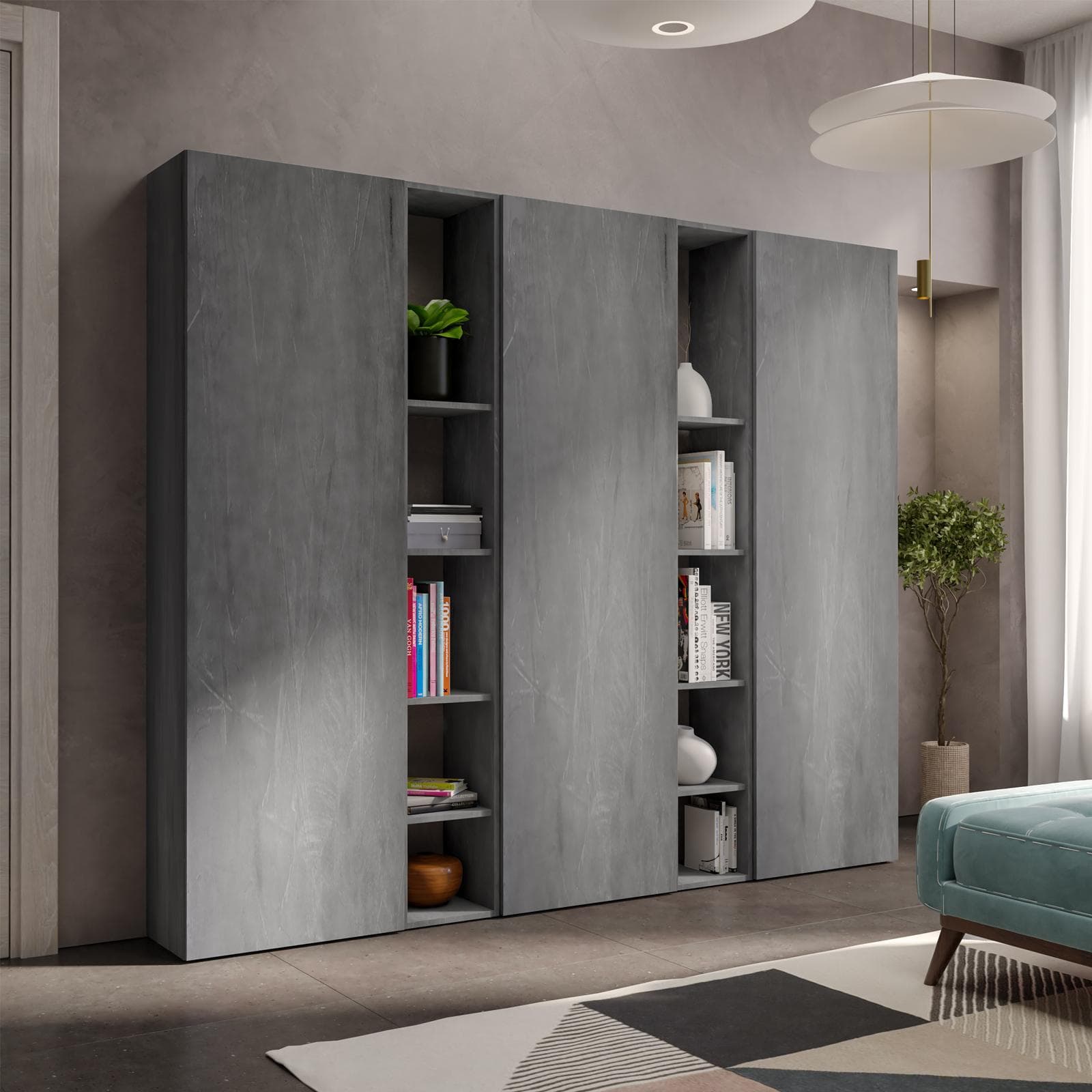 Libreria 217x185h cm 5 elementi piombo con vani a giorno e 3 ante - Clary
