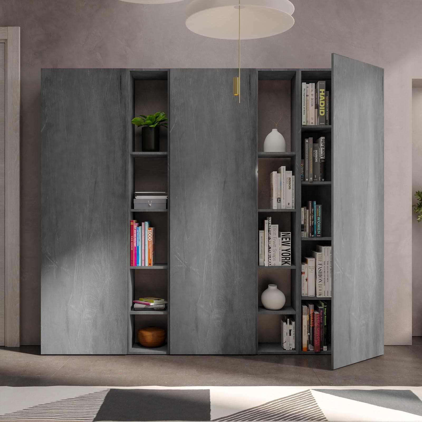 Libreria 217x185h cm 5 elementi piombo con vani a giorno e 3 ante - Clary