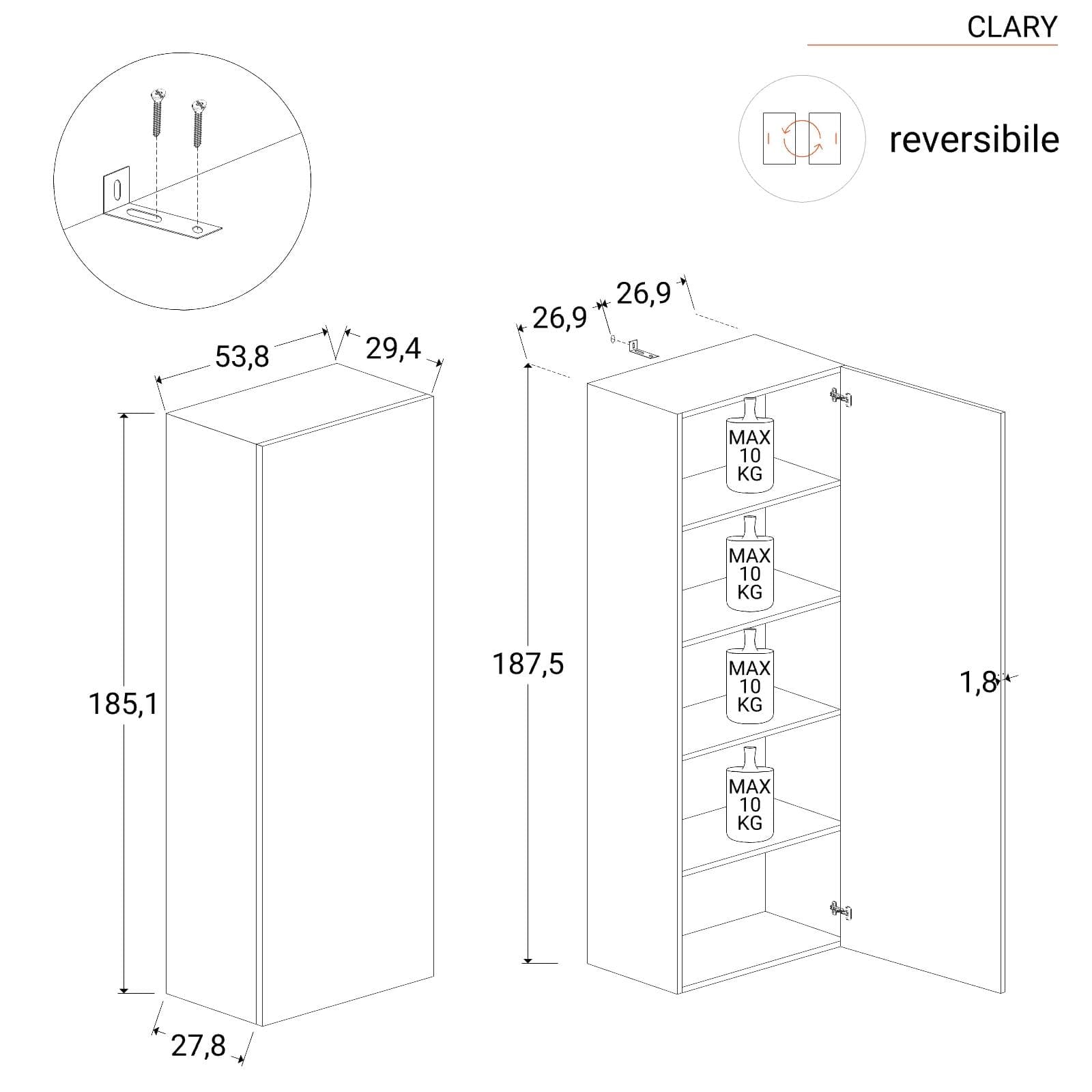 Libreria 217x185h cm 5 elementi ardesia con vani a giorno e 3 ante - Clary