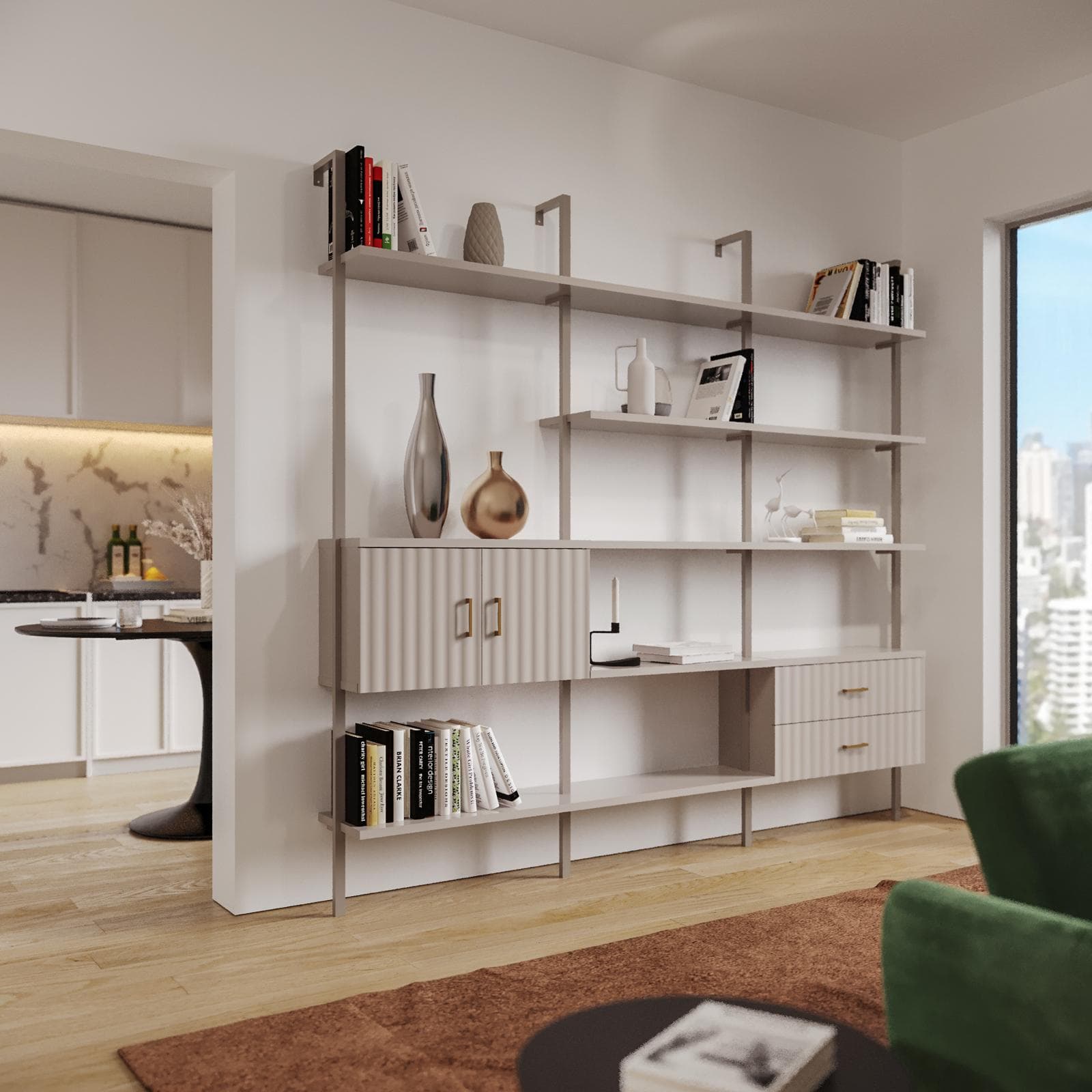 Libreria 234x216h cm con 2 ante e 2 cassetti con soft close cashmere cannettato e dettagli oro opaco - Lofti