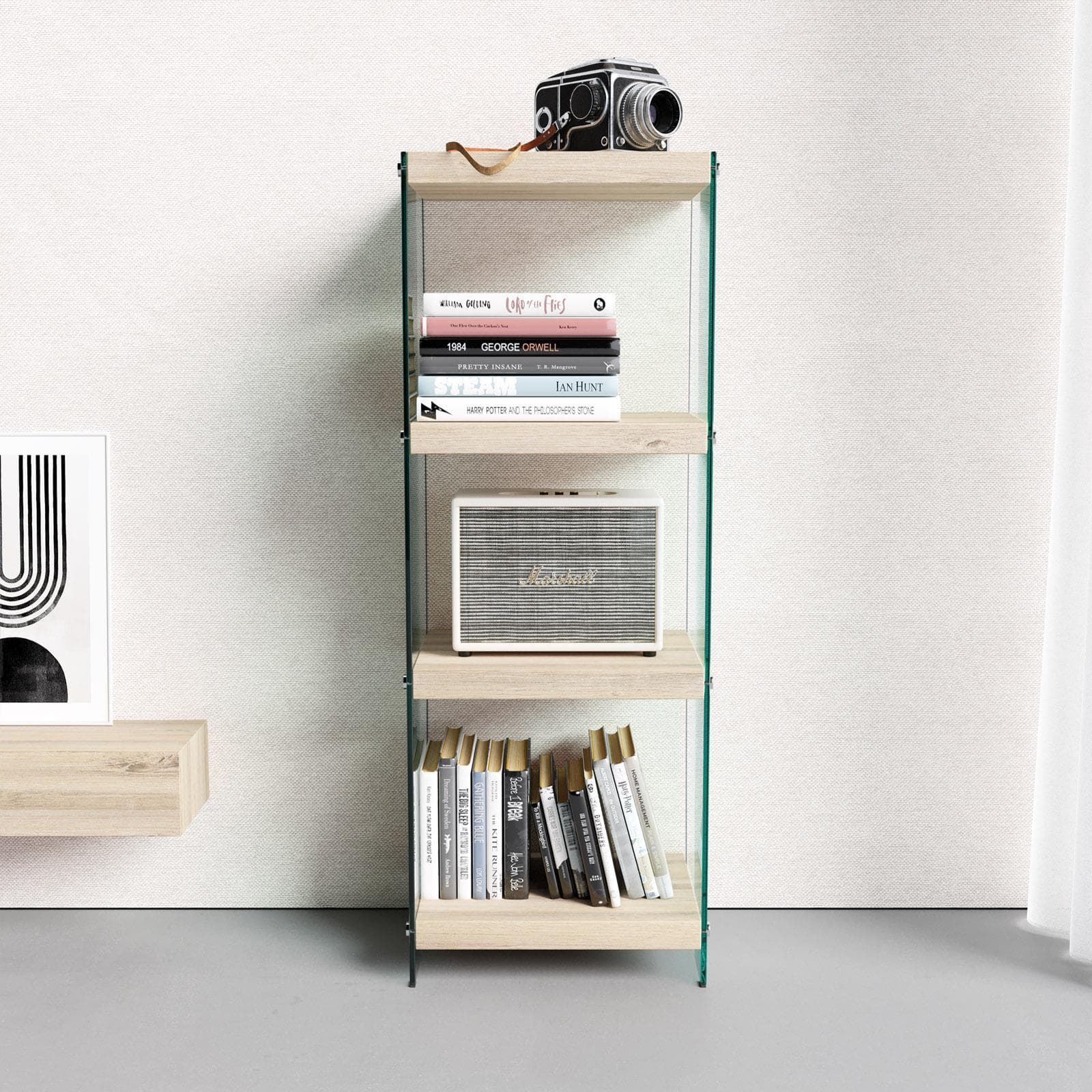 Libreria 40x100h cm in vetro temperato e ripiani legno - City