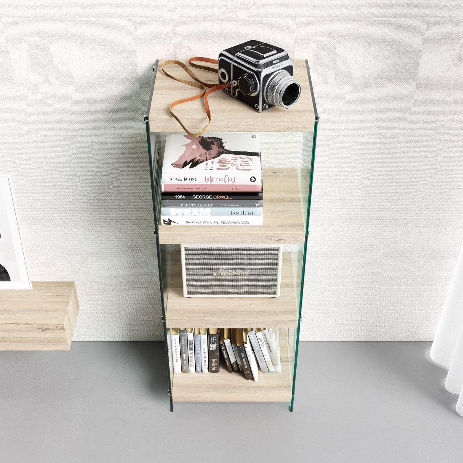 Libreria 40x100h cm in vetro temperato e ripiani legno - City