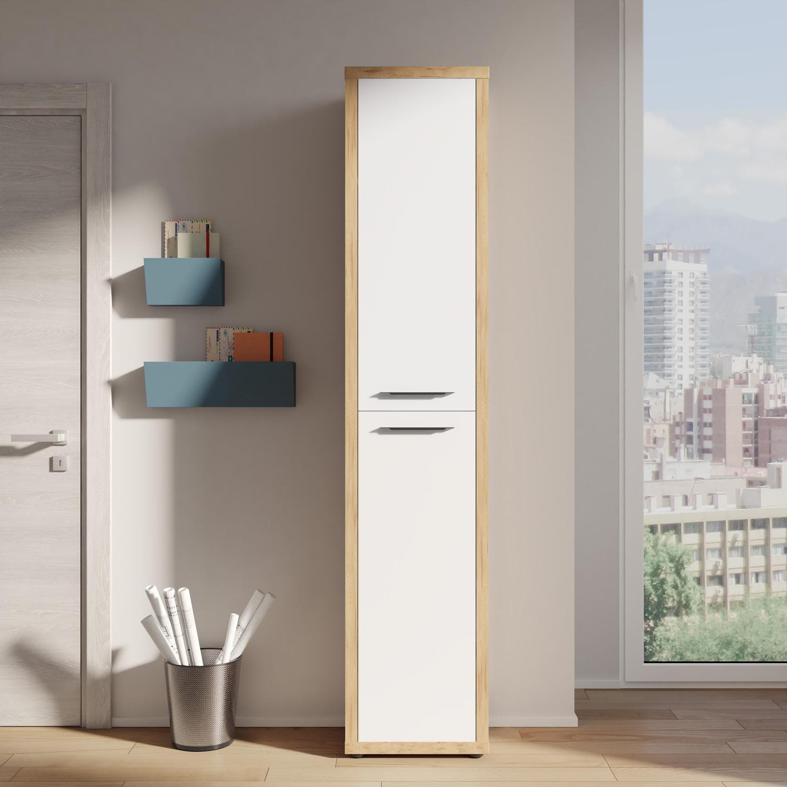 Mobile multiuso 44x217h cm rovere artisan con 2 ante bianco lucido - Homely office