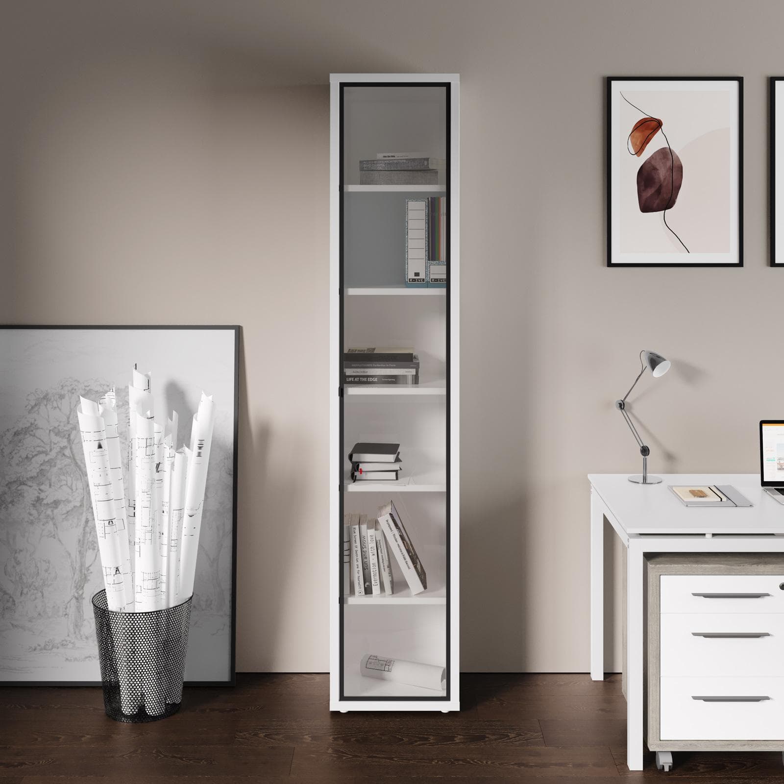 Vetrina 44x217h cm bianco lucido con anta in vetro - Homely office