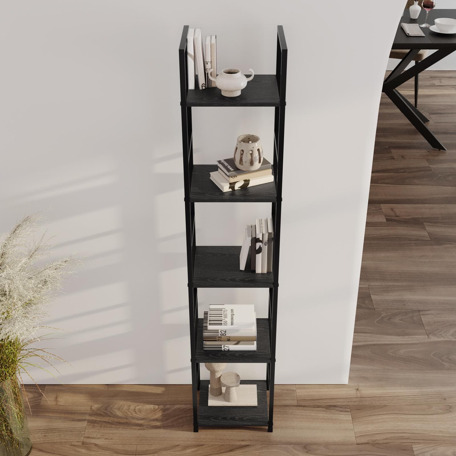 Libreria 5 ripiani 144h cm in acciaio nero e legno rovere nero - Duke