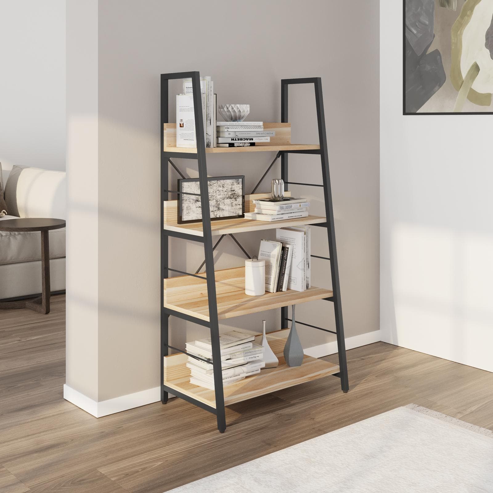 Libreria 60 x 117h cm con ripiani effetto rovere e montanti obliqui in metallo nero - Caio