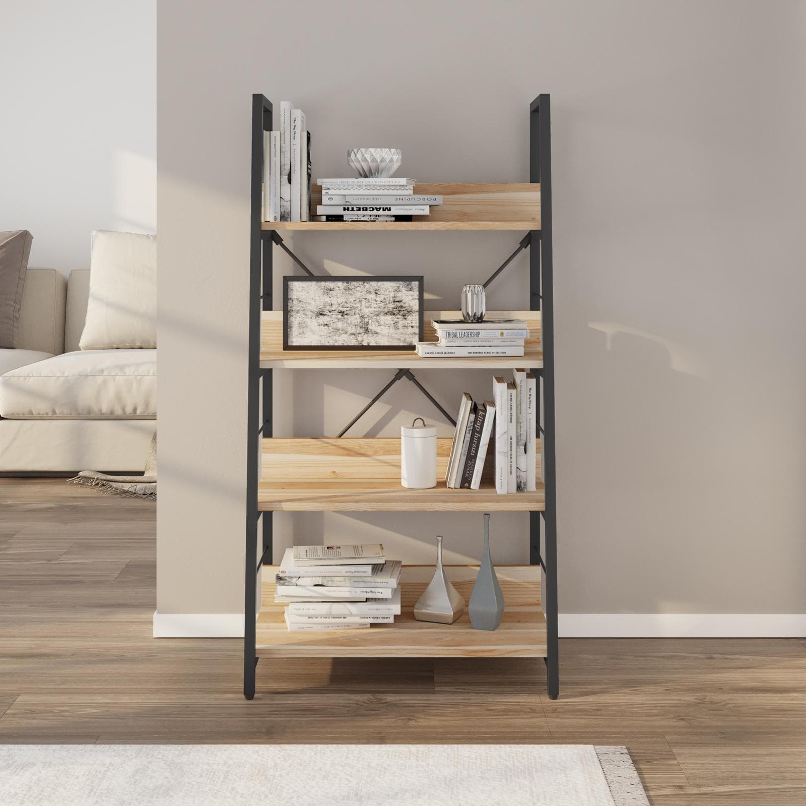 Libreria 60 x 117h cm con ripiani effetto rovere e montanti obliqui in metallo nero - Caio