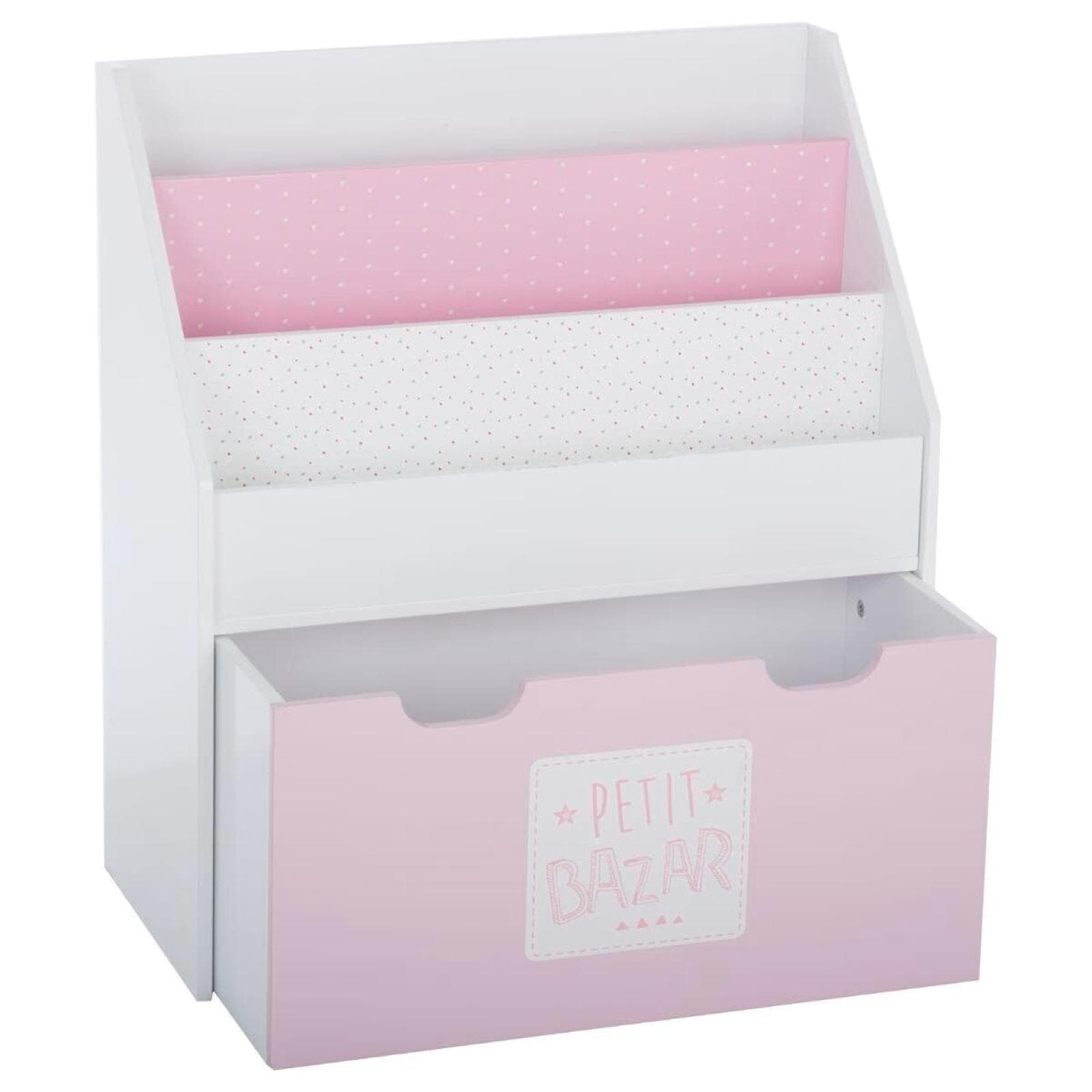 Libreria 63x70h cm in legno bianco e rosa con cassetto e rotelle - Kids