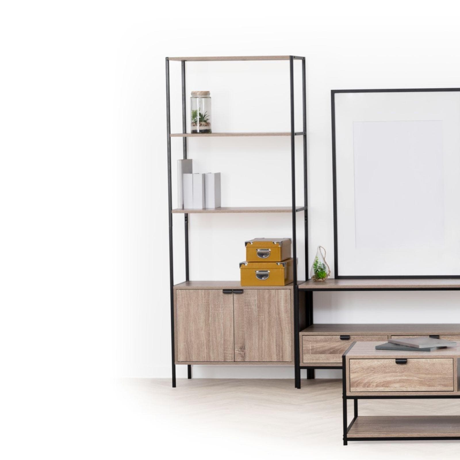 Libreria 68x176h cm in acciaio nero ed effetto rovere con 2 ante - Emyl