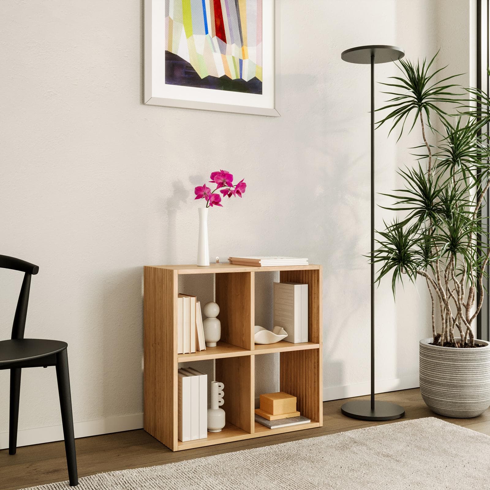 Libreria 69x69h cm in legno naturale e cannettato con 4 vani - Kloser