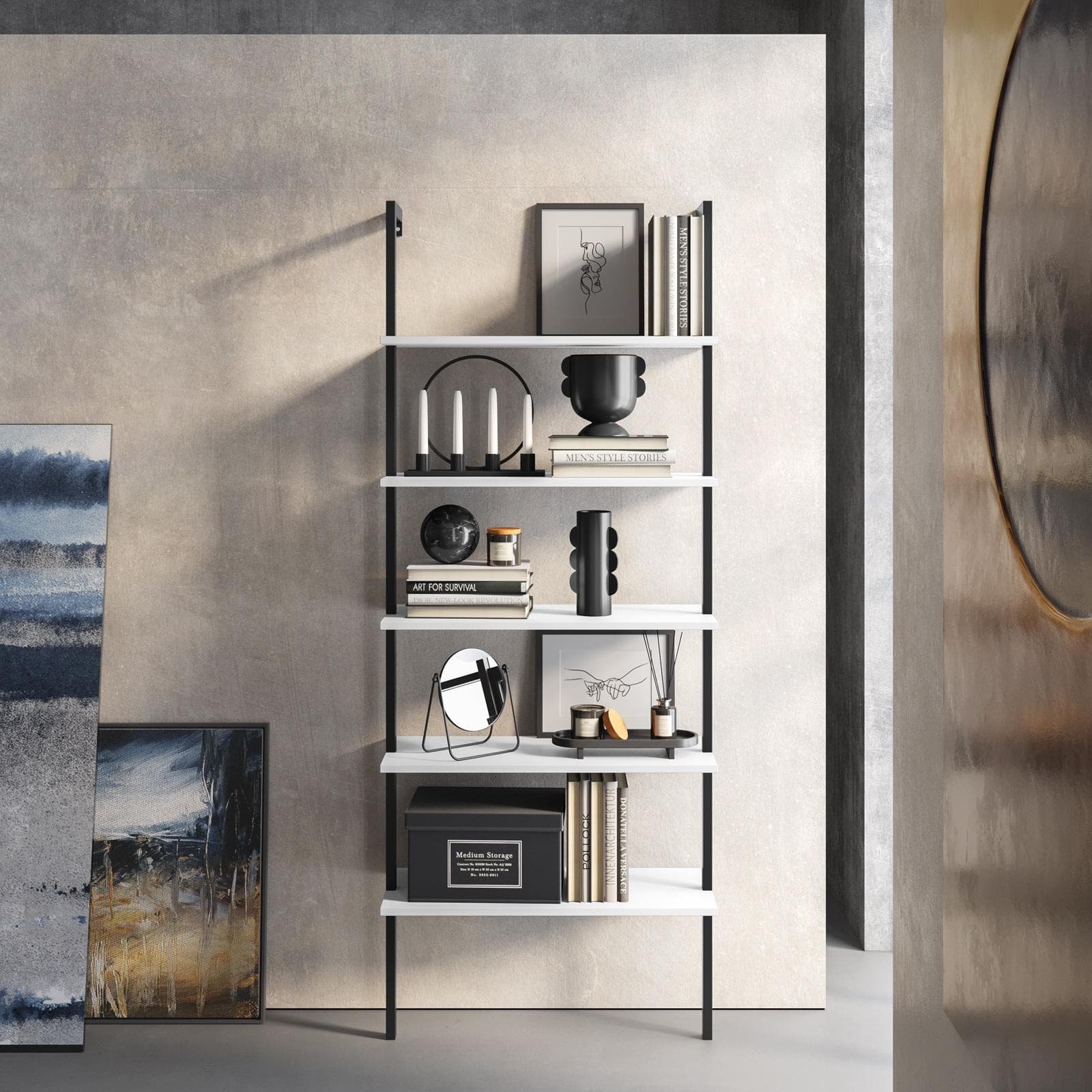 Libreria 70x180h cm ripiani bianchi e struttura in acciaio nero - Multipla