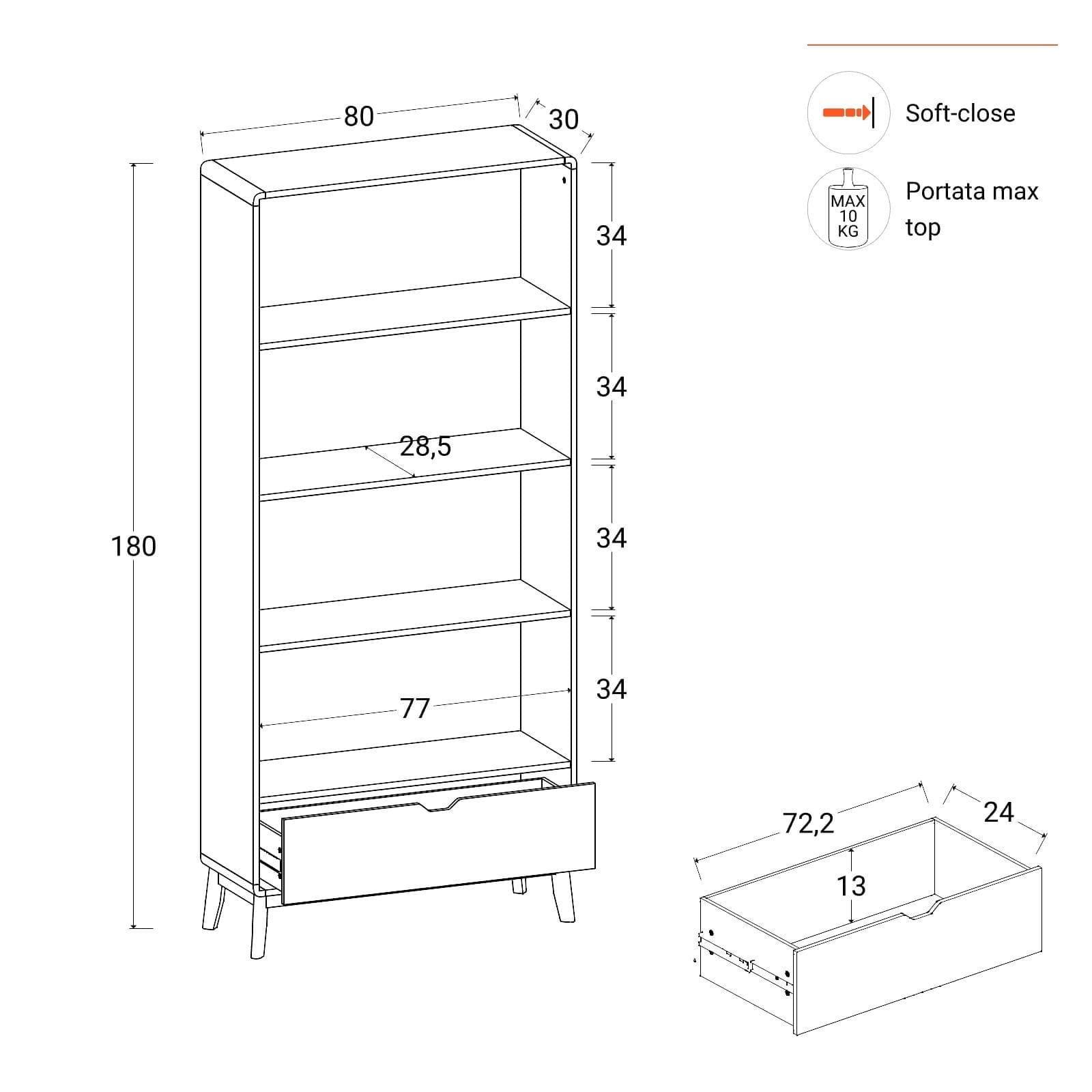 Libreria 80x180h cm in legno rovere kover con 4 vani a giorno e 1 cassetto - Ember