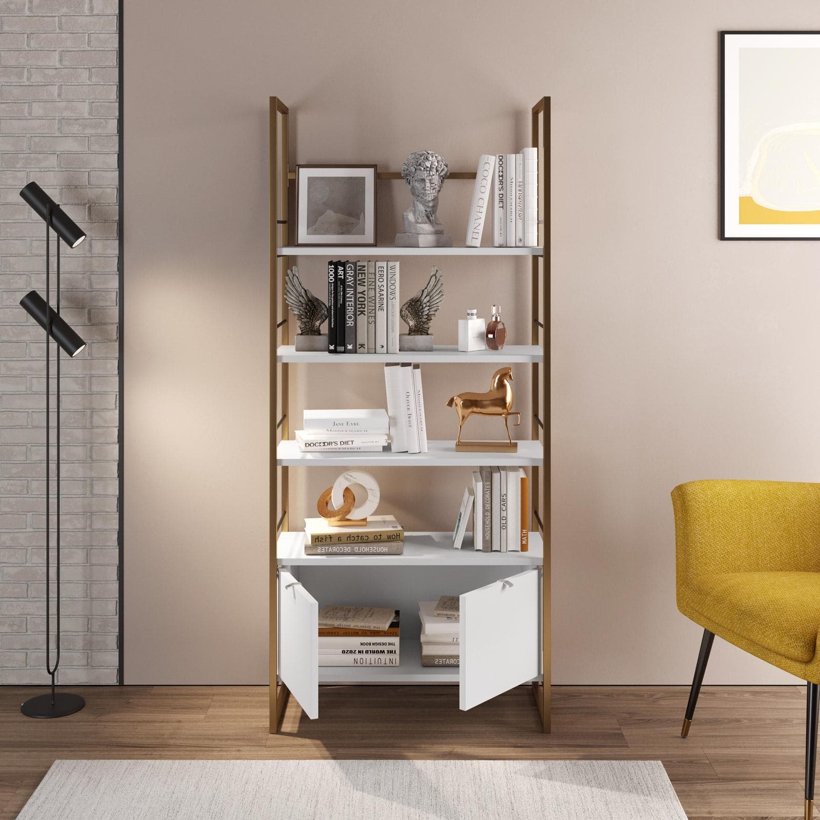 Libreria 80x180h cm in metallo oro con 2 ante e ripiani bianchi - Multipla