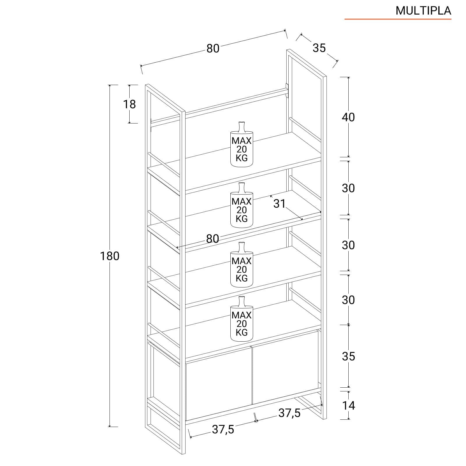 Libreria 80x180h cm in metallo oro con 2 ante e ripiani bianchi - Multipla