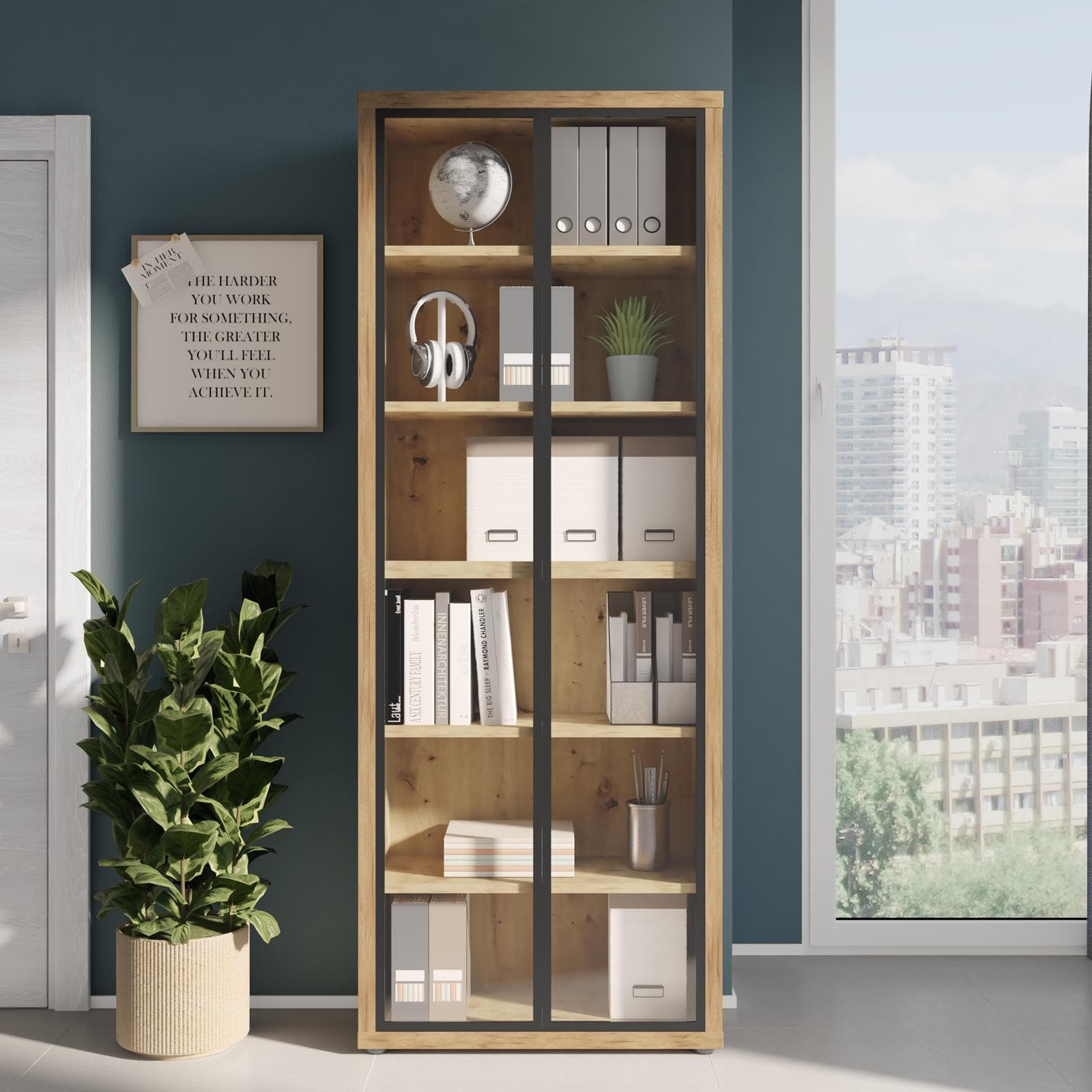 Libreria 82x217h cm rovere artisan con 2 ante in vetro - Homely office
