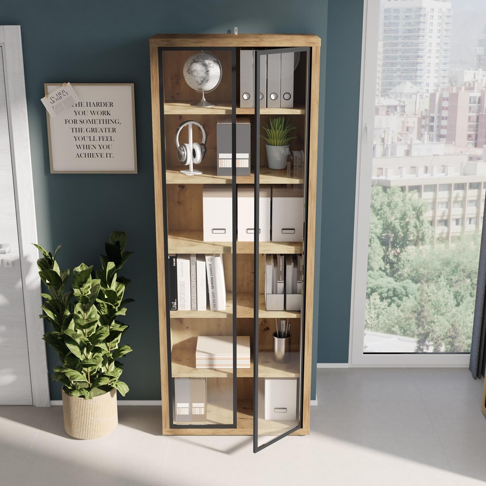 Libreria 82x217h cm rovere artisan con 2 ante in vetro - Homely office