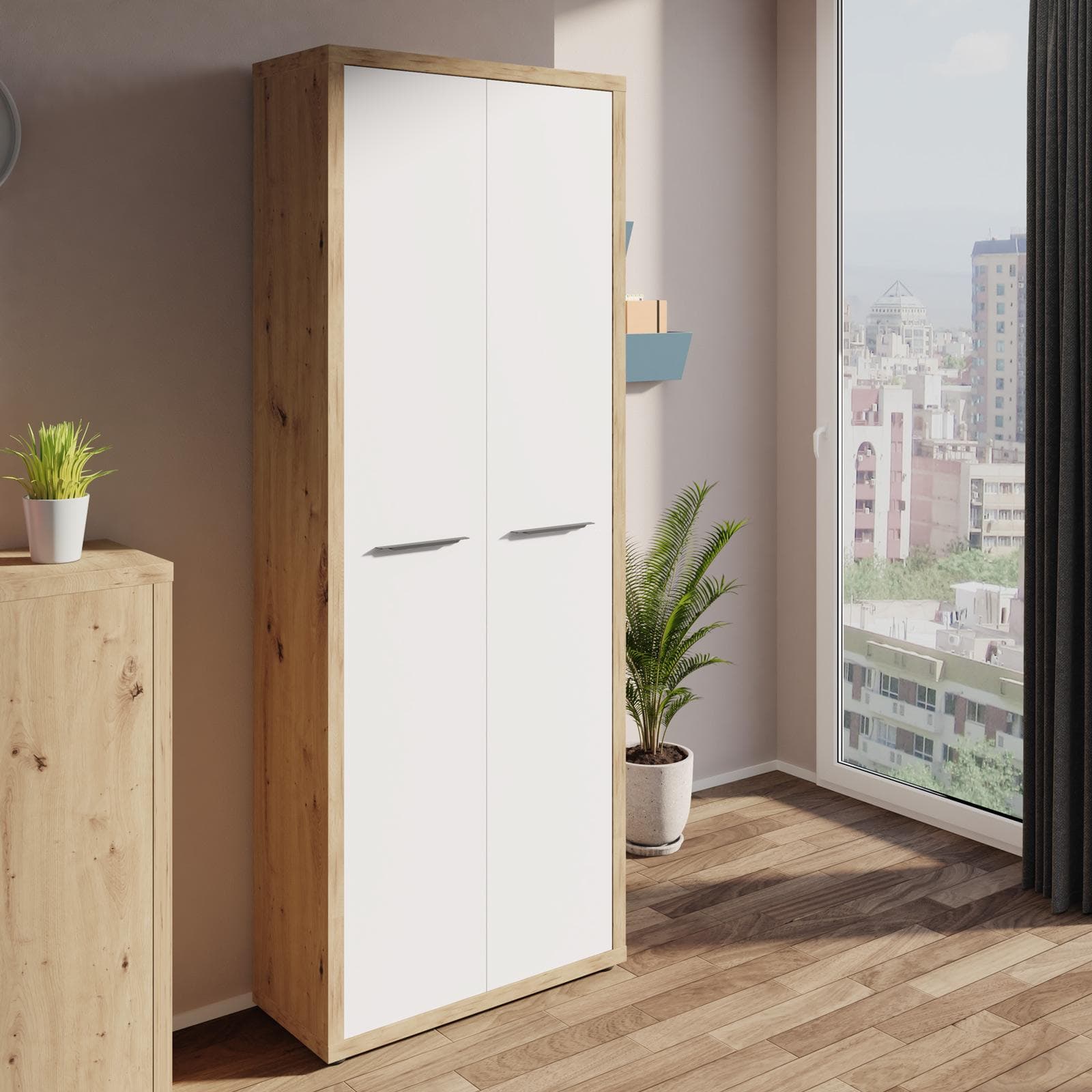 Mobile multiuso 82x217h cm rovere artisan con 2 ante lunghe bianco lucido - Homely office