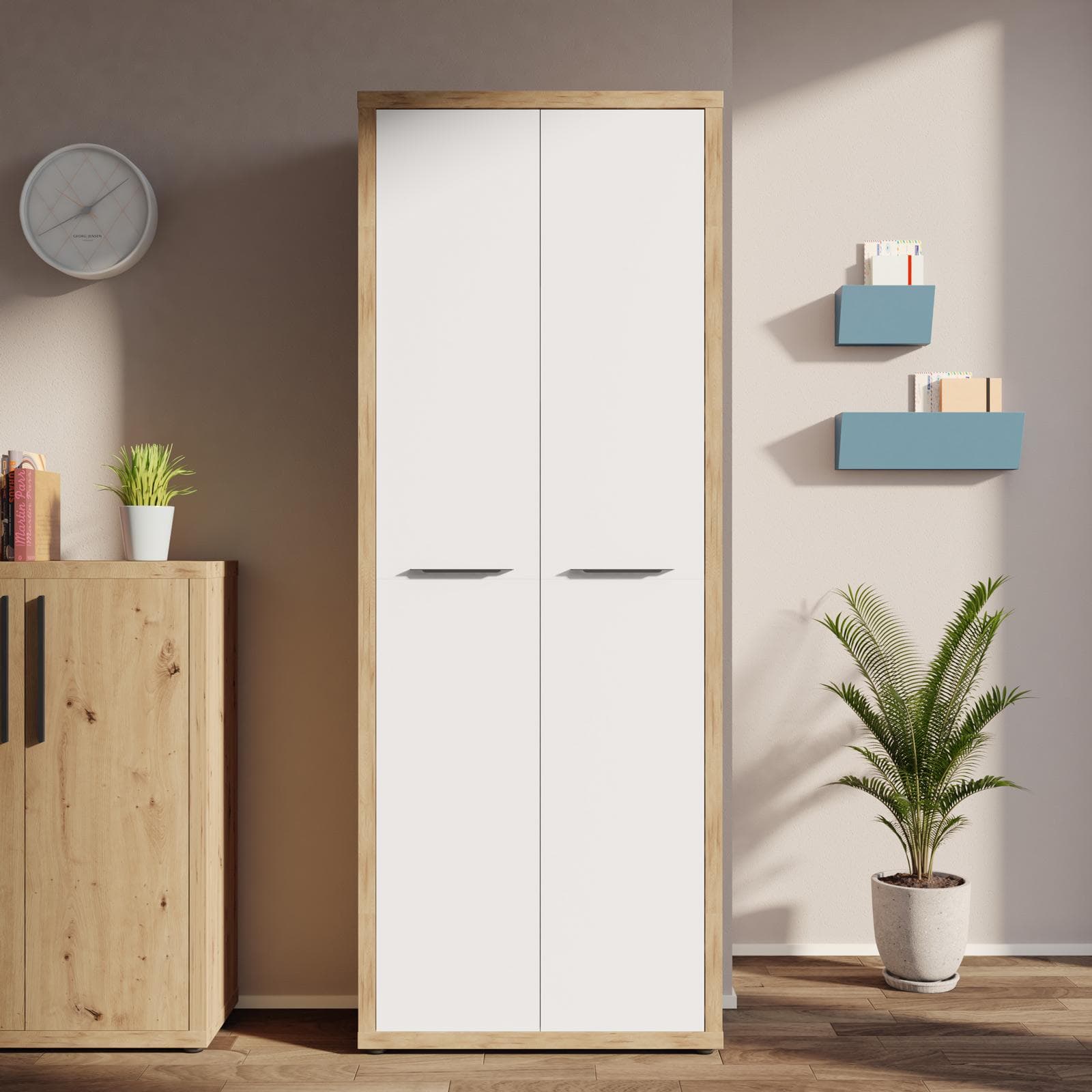 Mobile multiuso 82x217h cm rovere artisan con 2 ante lunghe bianco lucido - Homely office