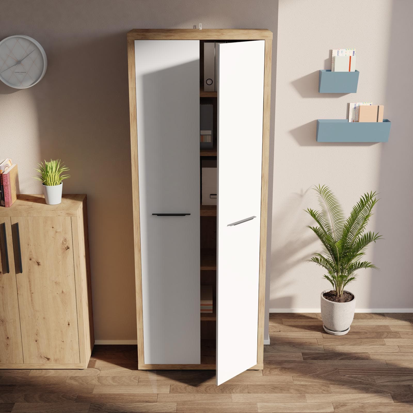 Mobile multiuso 82x217h cm rovere artisan con 2 ante lunghe bianco lucido - Homely office
