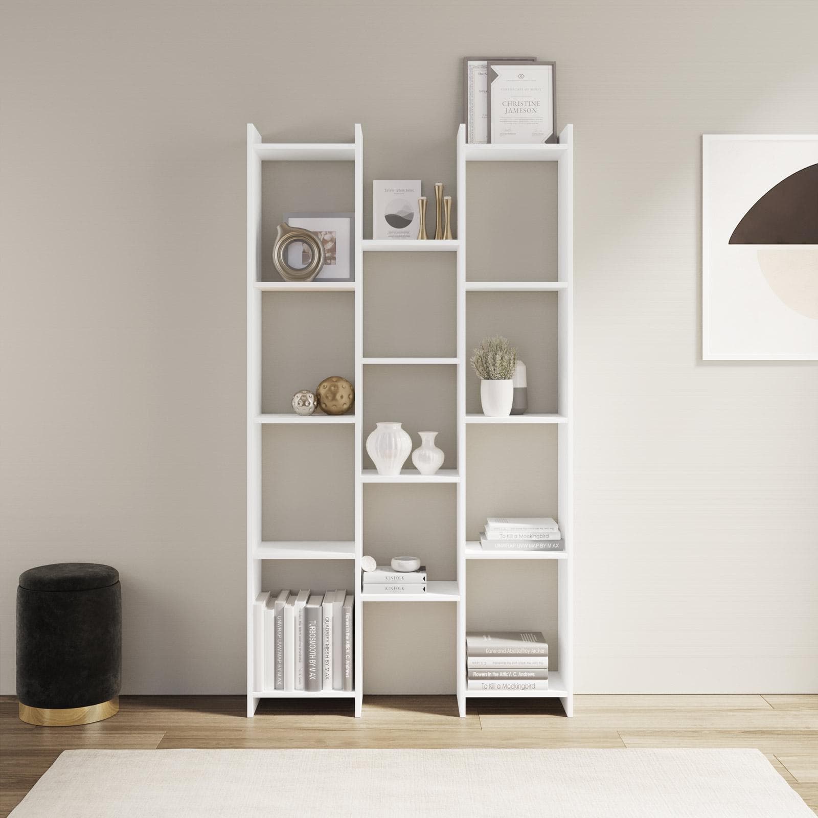 Libreria 90x164h cm bianco con 14 ripiani sfalsati - Crimea