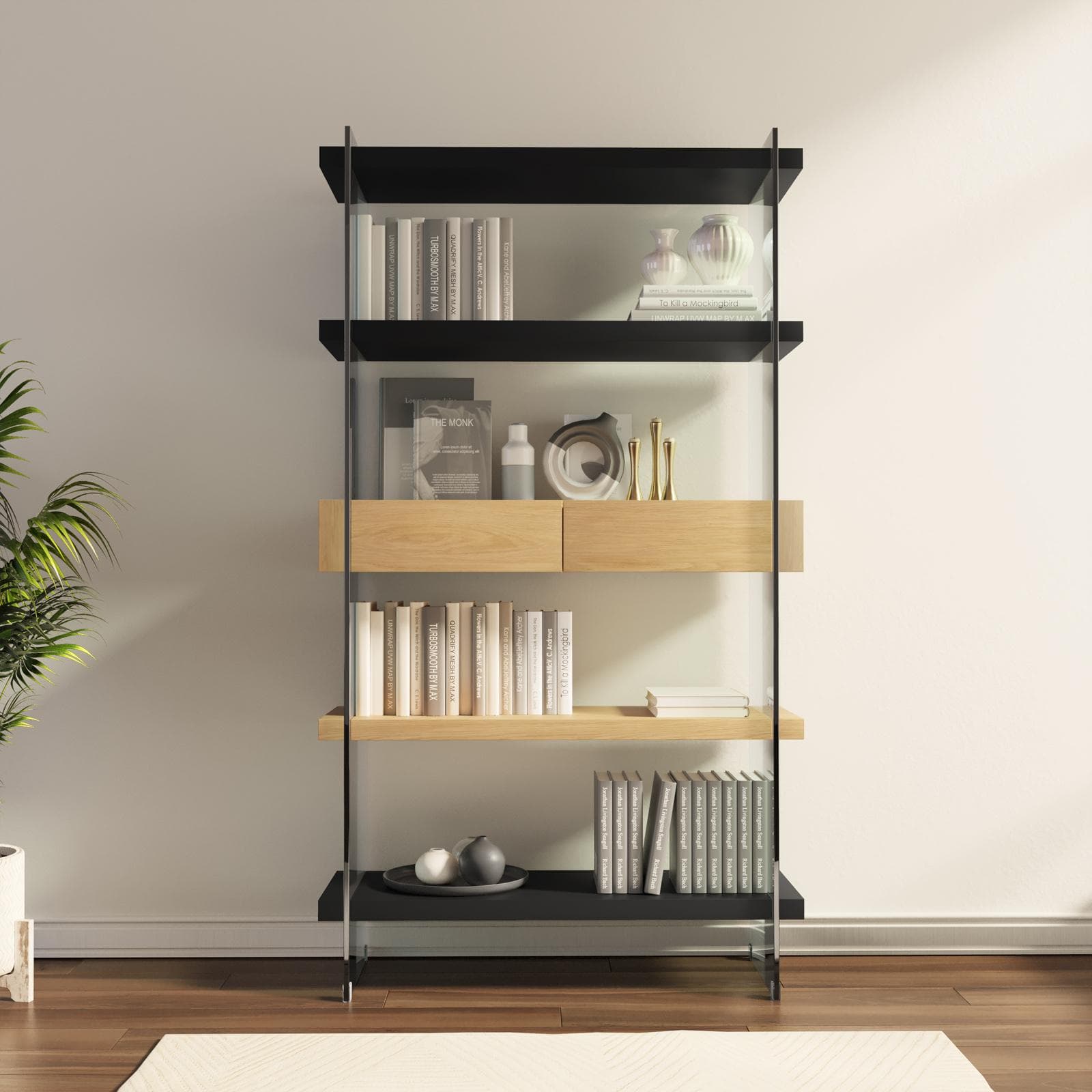 Libreria 90x180h cm in vetro temperato con ripiani e cassetti nero e rovere - City