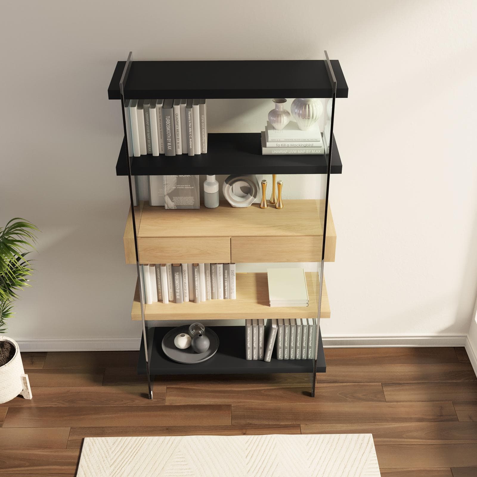 Libreria 90x180h cm in vetro temperato con ripiani e cassetti nero e rovere - City