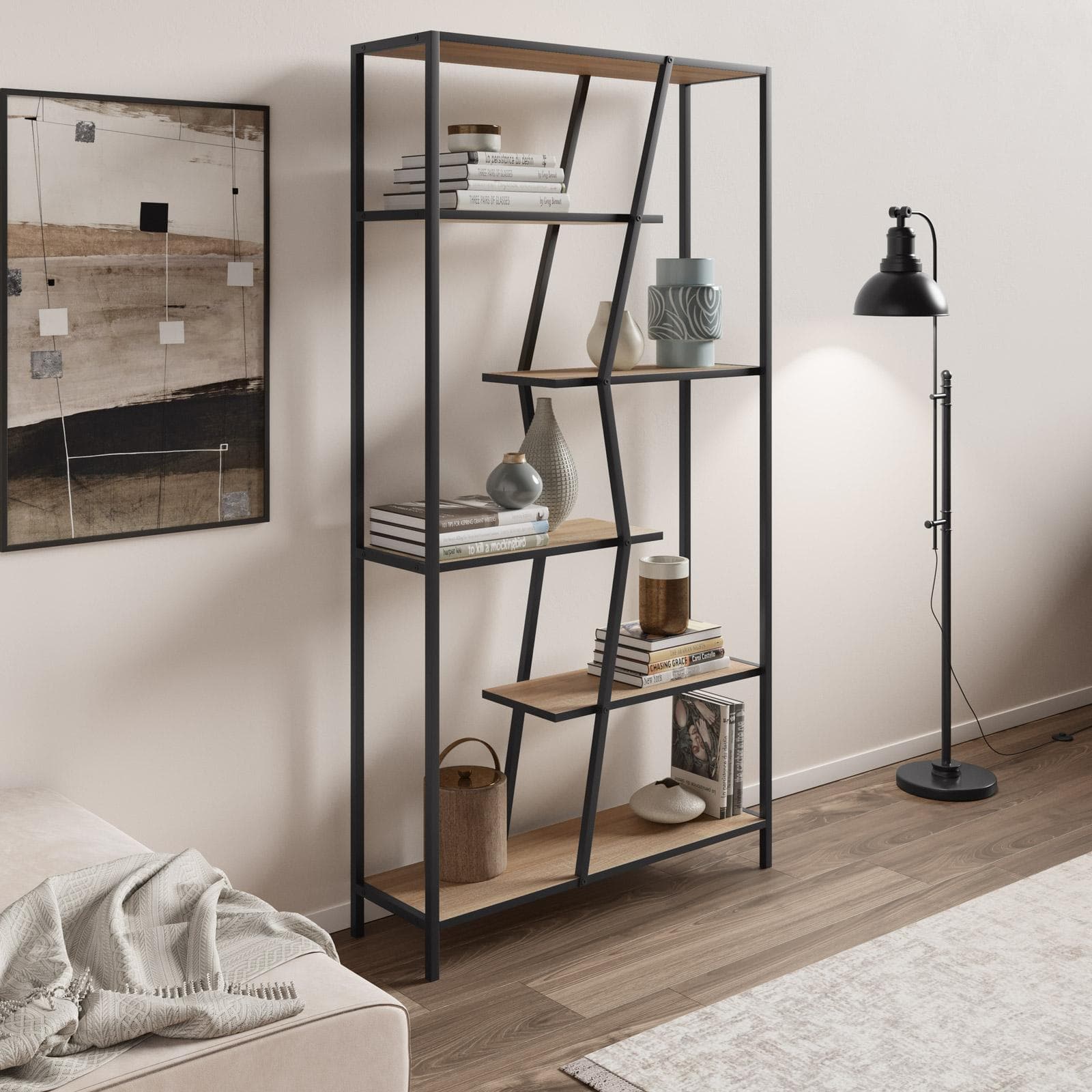 Libreria 94x180 cm rovere con struttura in metallo nero - Dandi