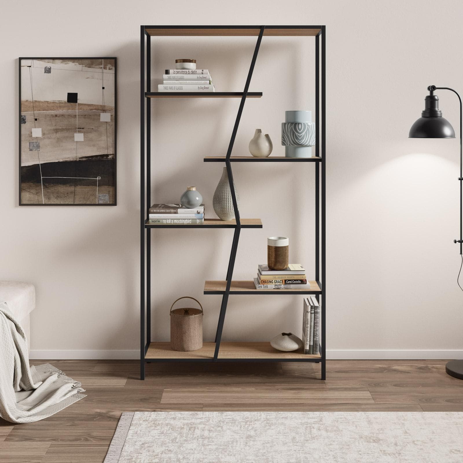 Libreria 94x180 cm rovere con struttura in metallo nero - Dandi