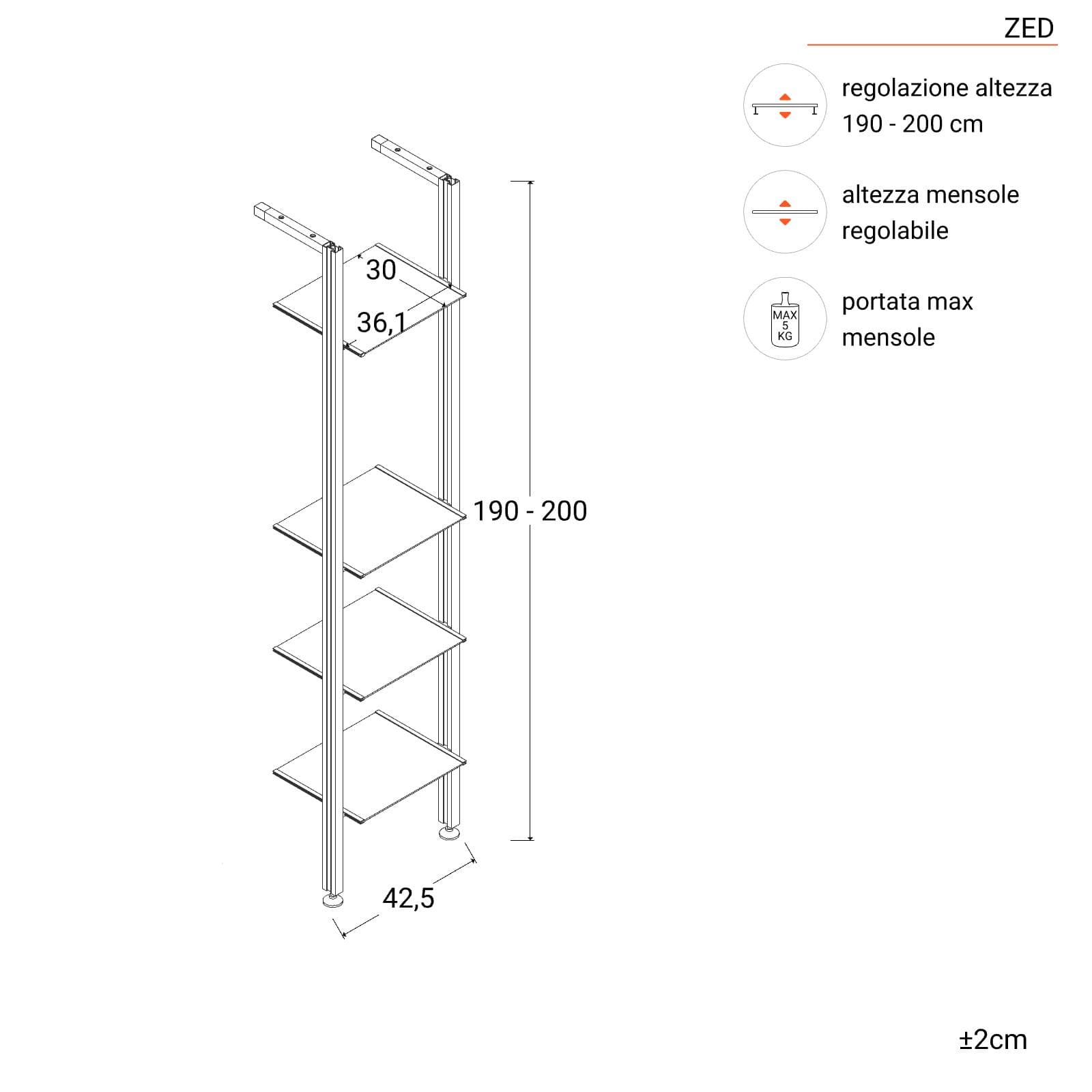 Libreria regolabile 42x190-200h cm in alluminio cromo con 4 ripiani in vetro temperato - Zed