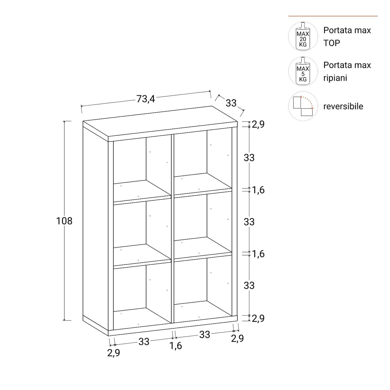 Libreria modulare 74x108h cm con 6 vani antracite - Tactik