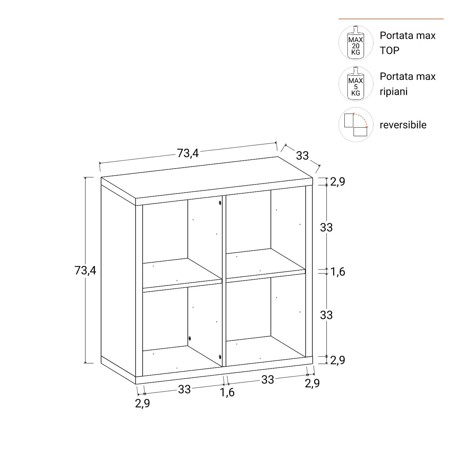 Libreria modulare 74x74h cm con 4 vani antracite - Tactik