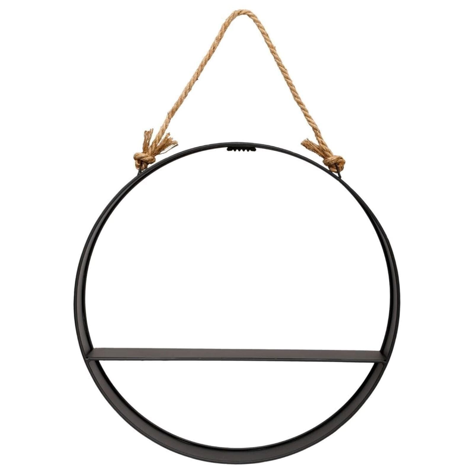 Libreria sospesa rotonda 55 cm in metallo nero gancio in corda naturale