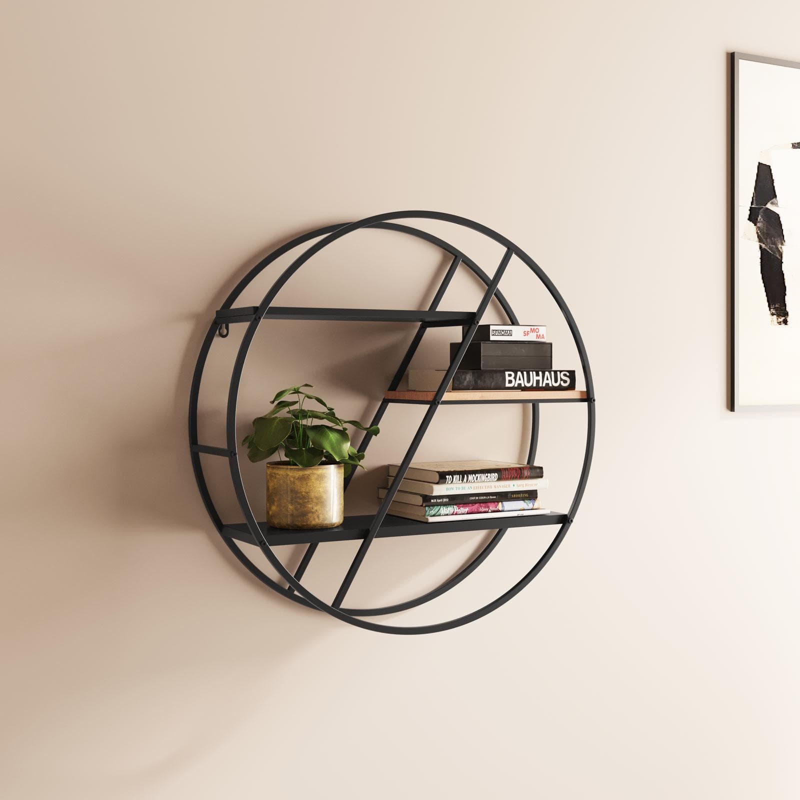 Libreria sospesa rotonda 60 cm in metallo nero e rovere chiaro - Gulsa