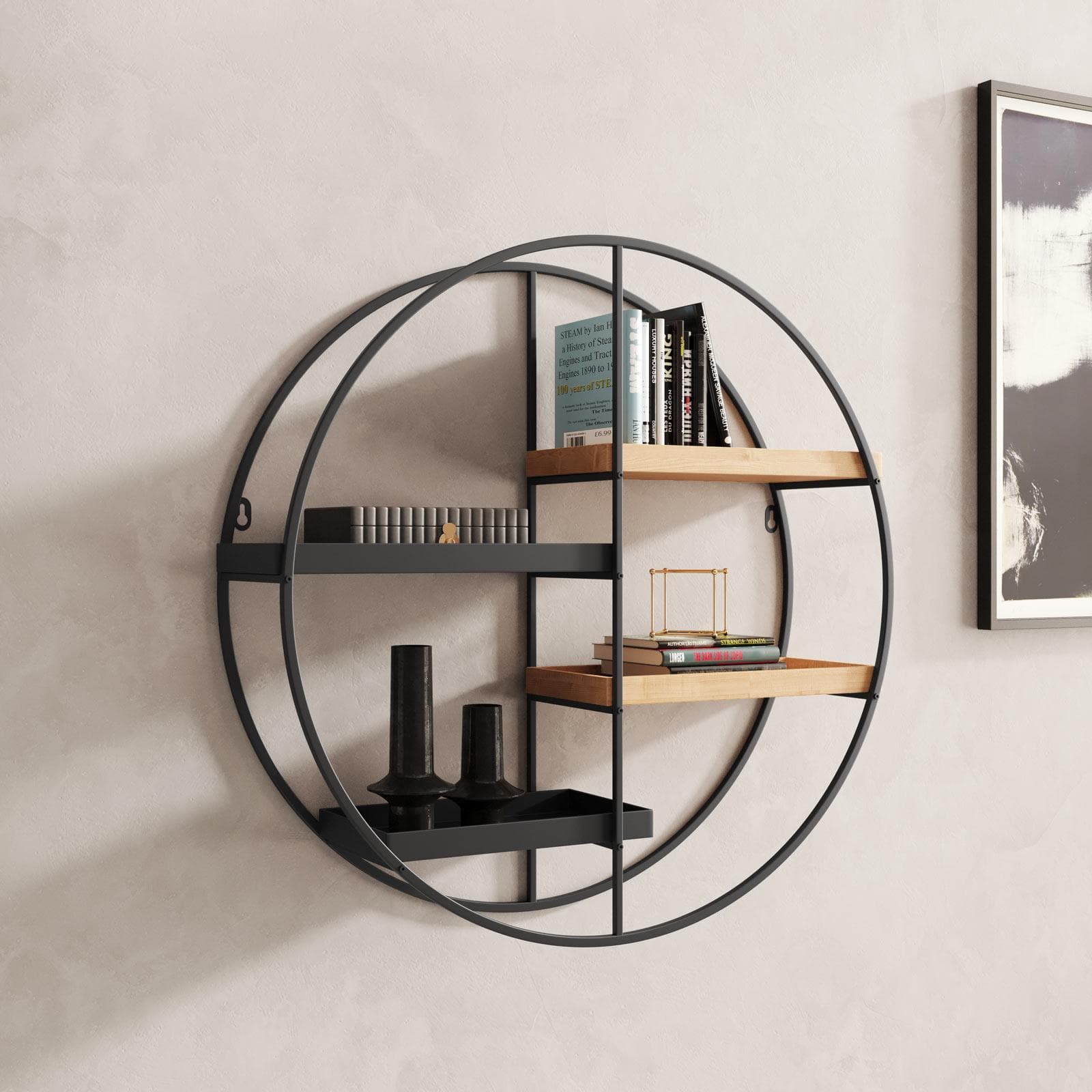 Libreria sospesa rotonda 60 cm in metallo nero e rovere chiaro - Megor