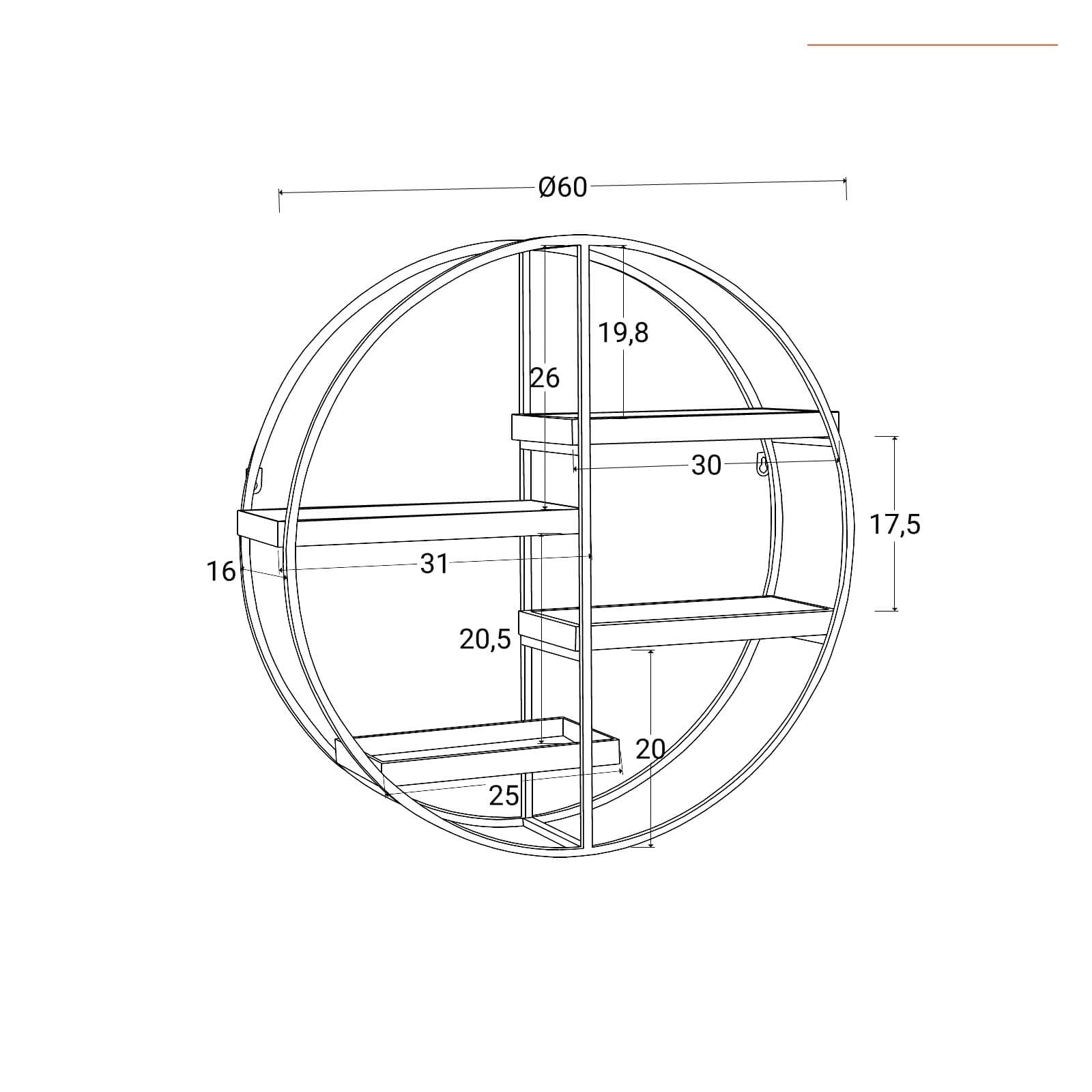 Libreria sospesa rotonda 60 cm in metallo nero e rovere chiaro - Megor