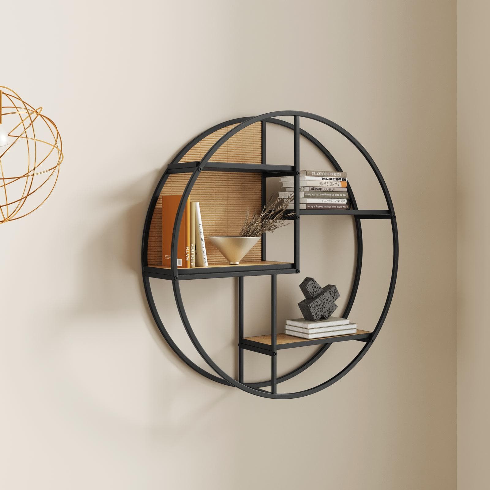 Libreria sospesa rotonda 60 cm metallo nero e rovere chiaro - Gukrul
