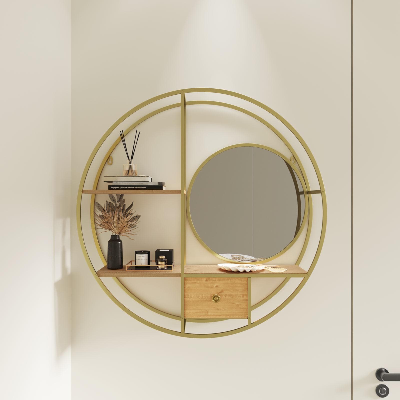 Libreria sospesa rotonda 70 cm metallo oro e rovere chiaro con specchio e 2 cassetti - Lamia