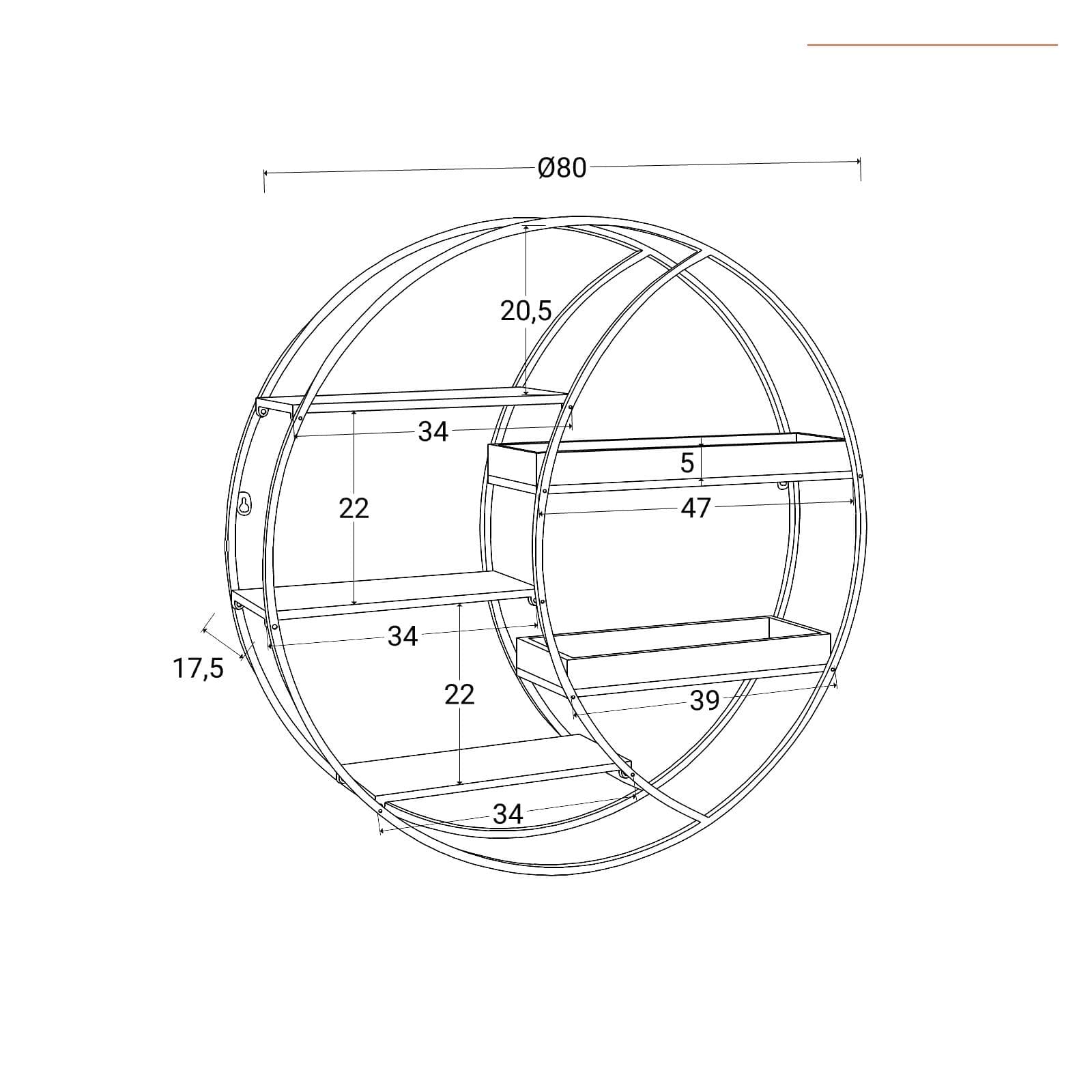 Libreria sospesa rotonda 80 cm in metallo rame e rovere chiaro - Yamar