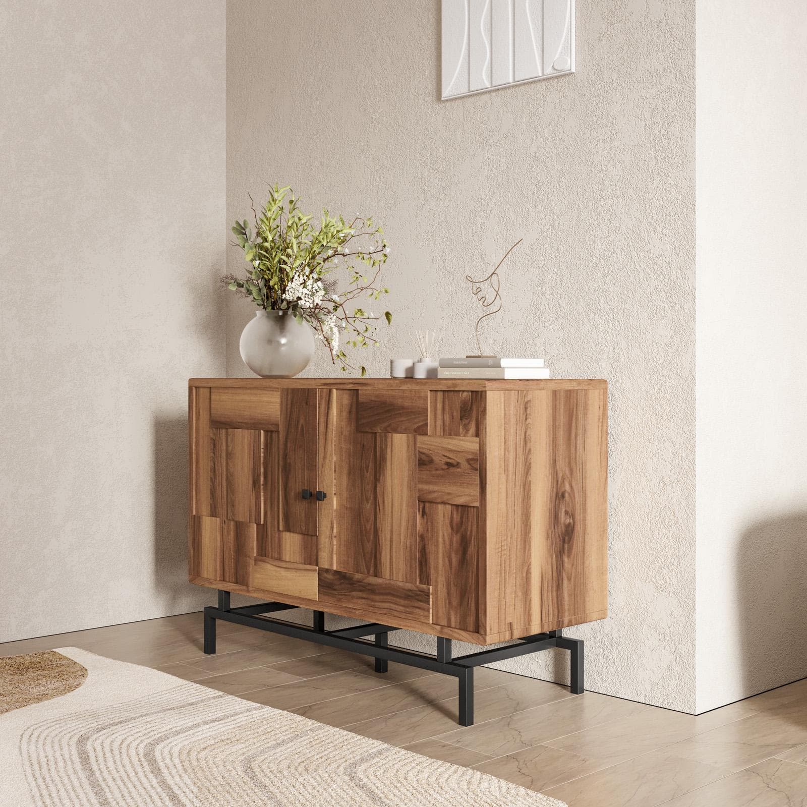 Madia 118x80h cm in legno di acacia e struttura in metallo nero con 2 ante - Baktu