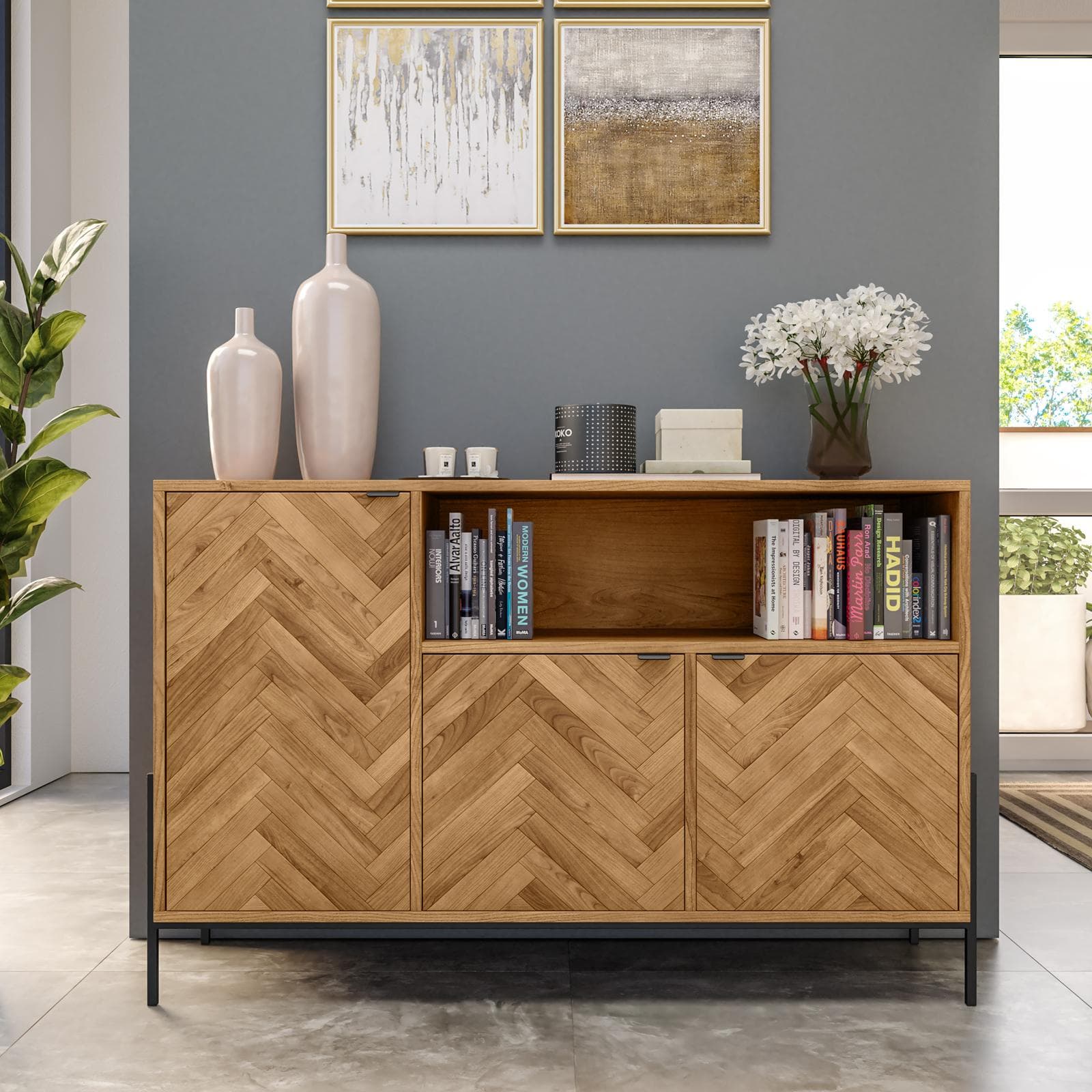 Madia 120x76h cm in rovere chiaro effetto parquet con 3 ante e struttura in metallo nero opaco - Mufasa