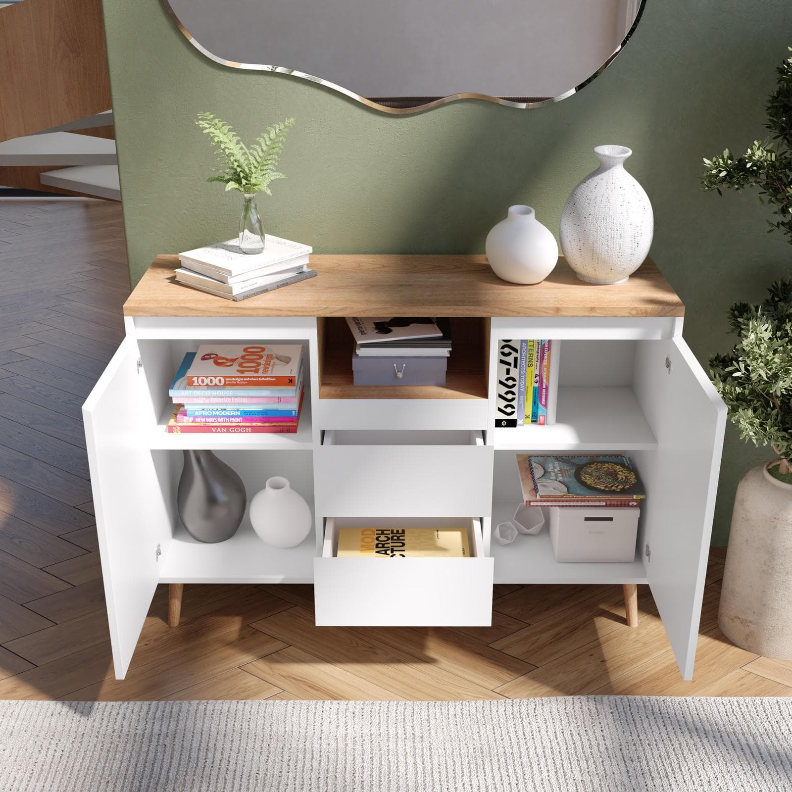 Madia 120x85h cm top effetto rovere con 2 ante e 2 cassetti in legno bianco - Jaydence