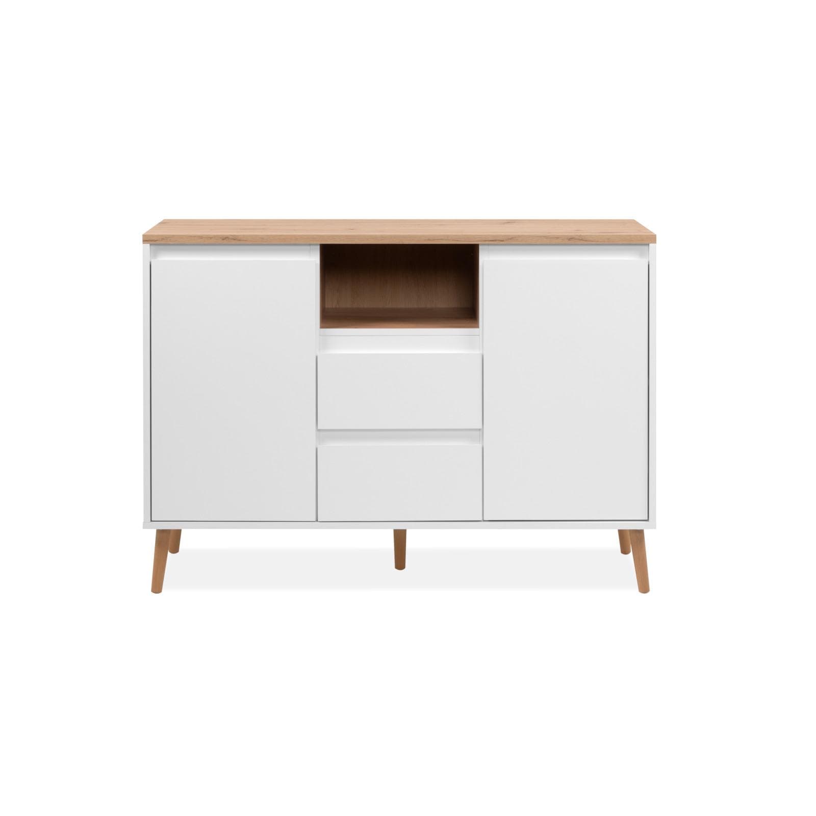 Madia 120x85h cm top effetto rovere con 2 ante e 2 cassetti in legno bianco - Jaydence